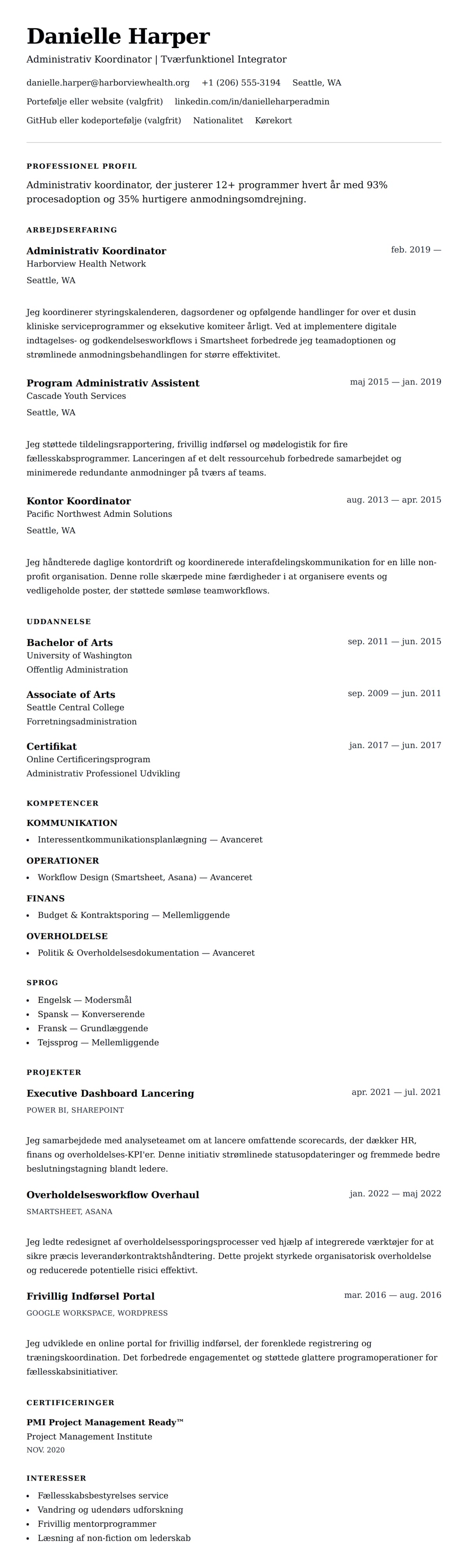 CV-forhåndsvisning for Administrativ Koordinator CV Eksempel