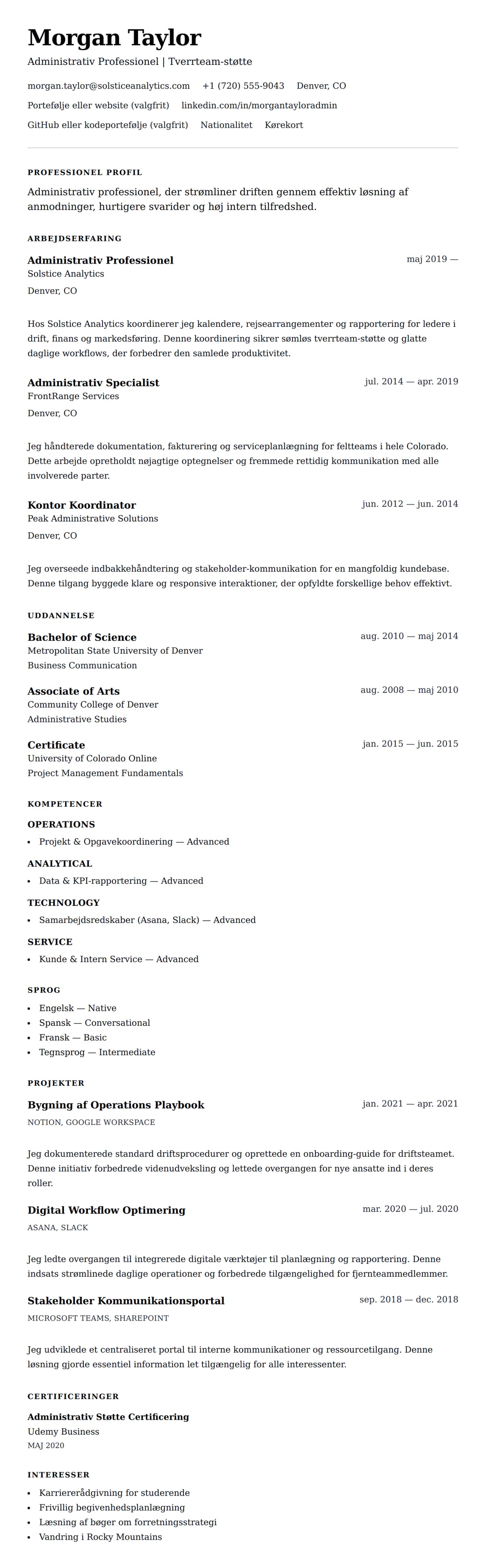 CV-forhåndsvisning for Administrativ Professionel CV Eksempel