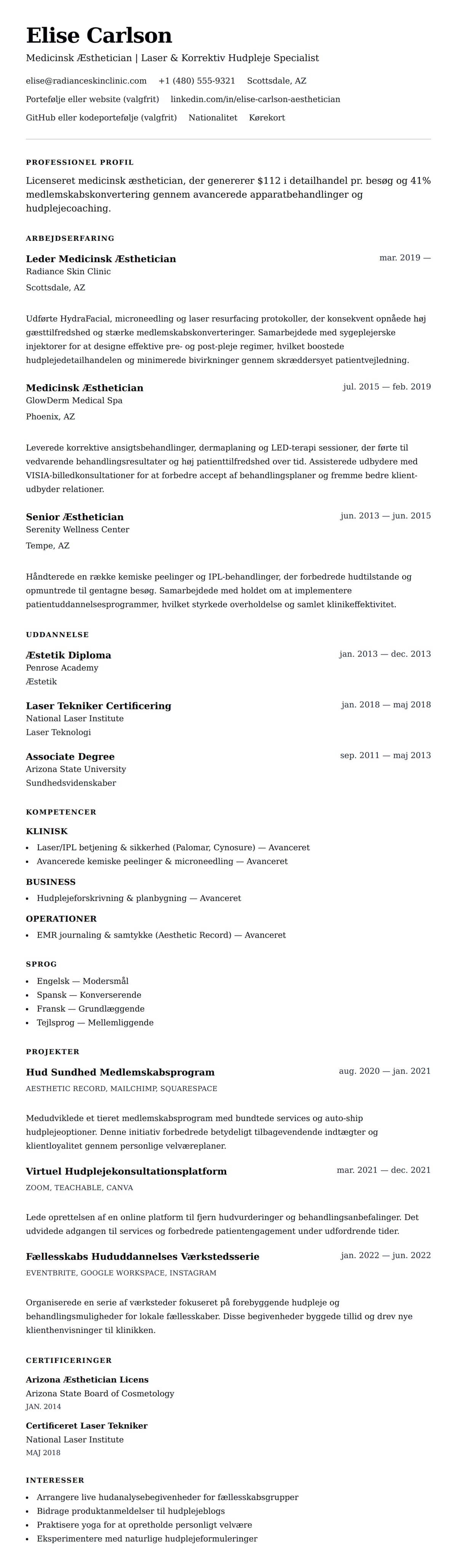 CV-forhåndsvisning for Medicinsk Æsthetician CV Eksempel