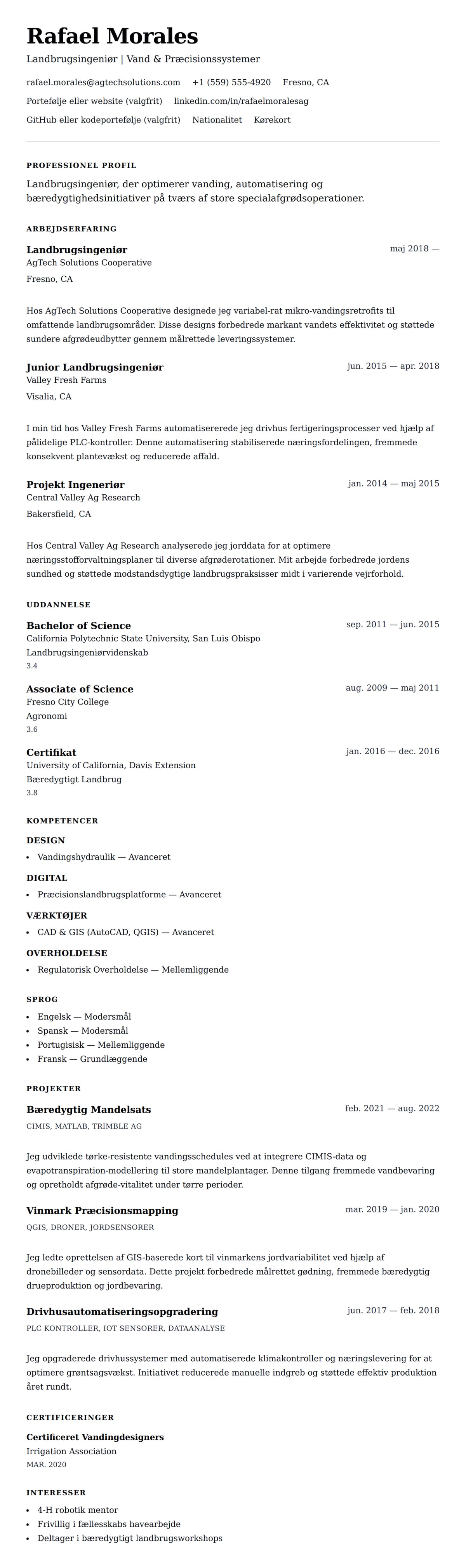 CV-forhåndsvisning for Landbrugsingeniør CV Eksempel