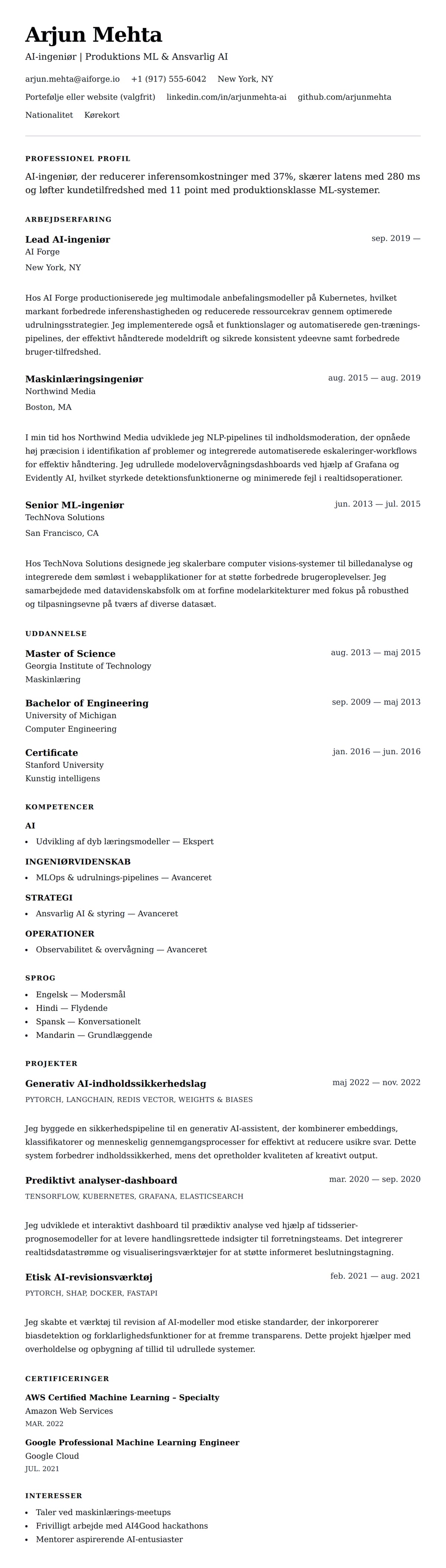 CV-forhåndsvisning for AI-ingeniør CV-eksempel