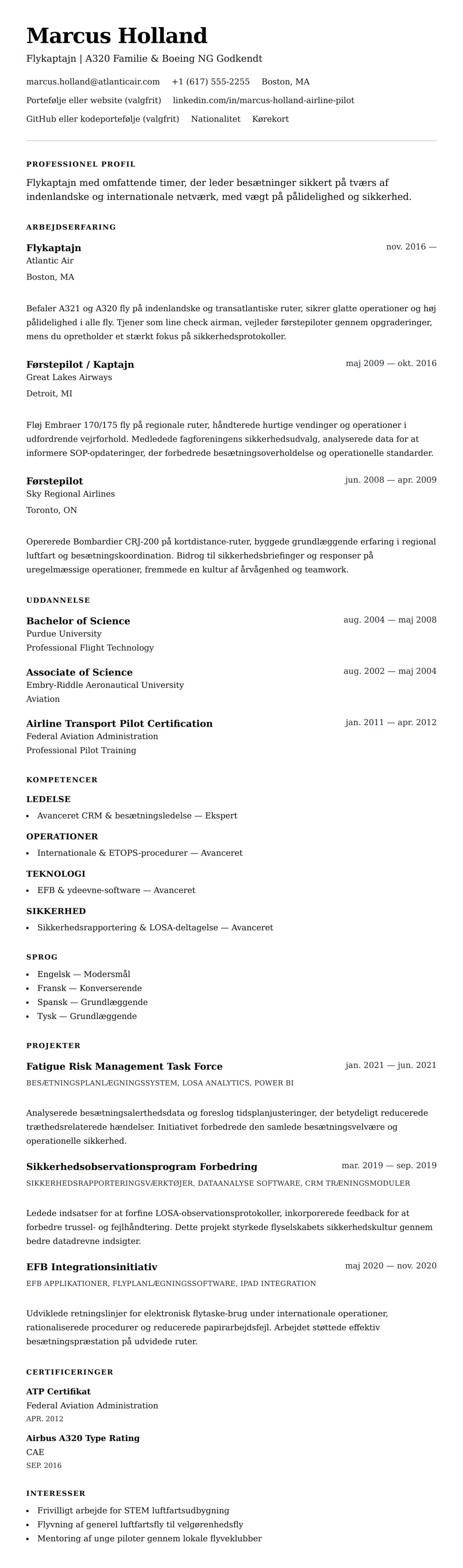 CV-forhåndsvisning for Flypilot CV Eksempel