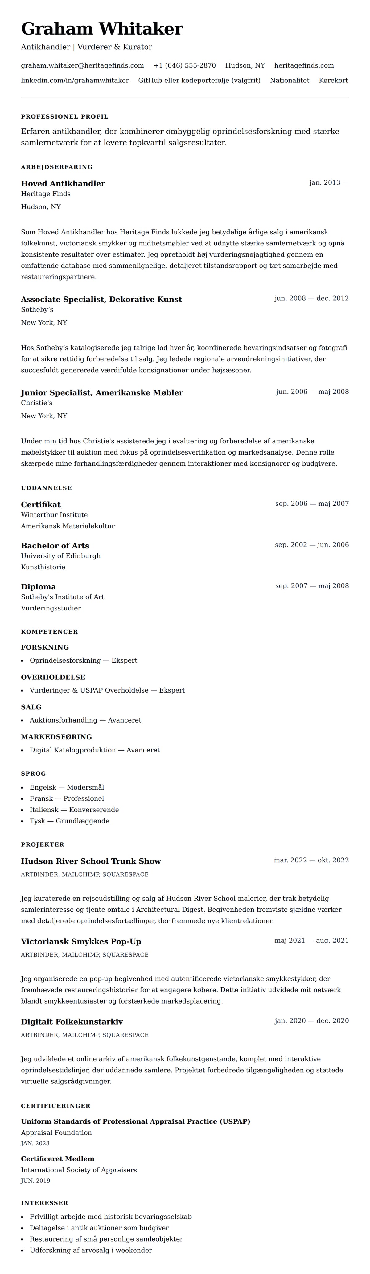 CV-forhåndsvisning for Antikhandler CV Eksempel