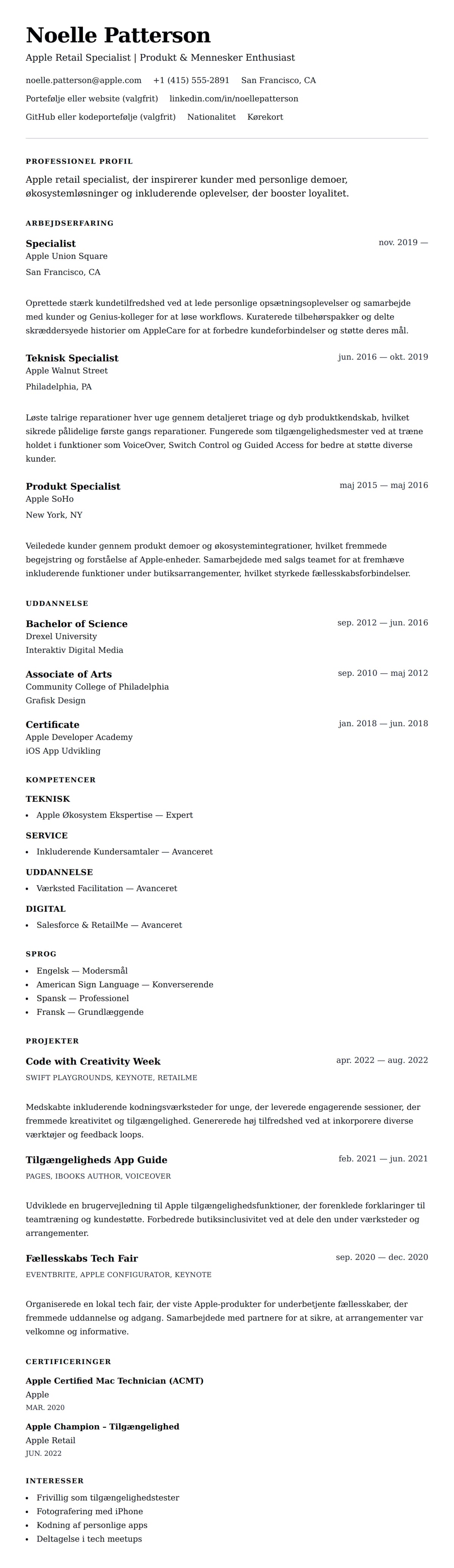 CV-forhåndsvisning for Apple Retail Specialist CV Eksempel