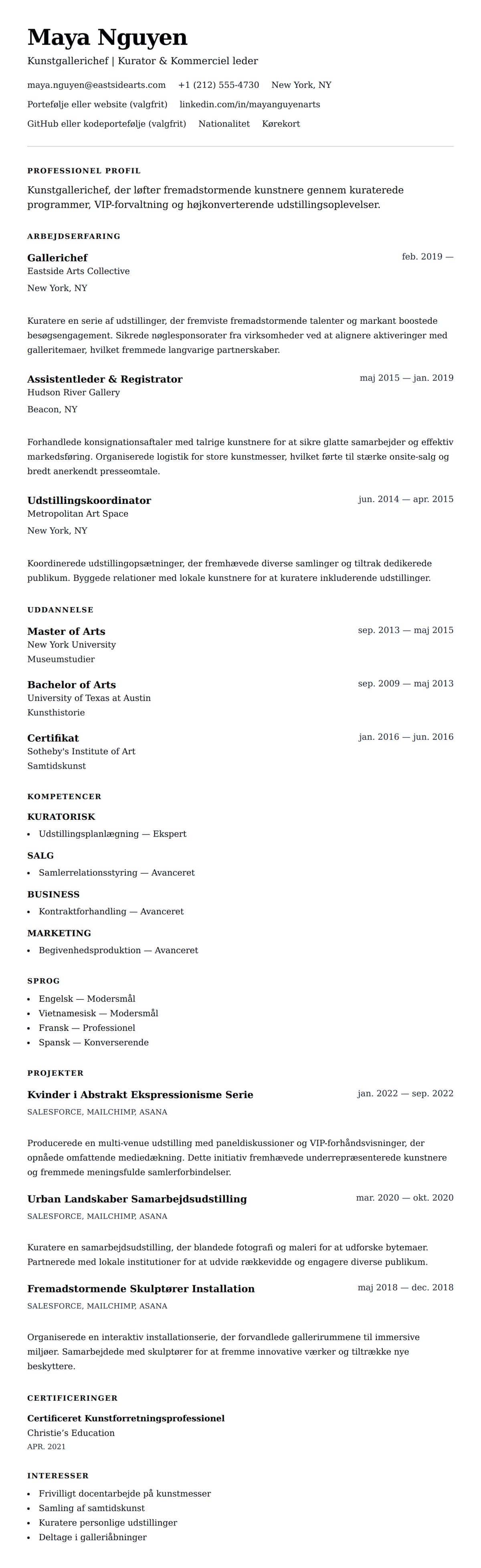 CV-forhåndsvisning for Kunstgallerichef CV-eksempel