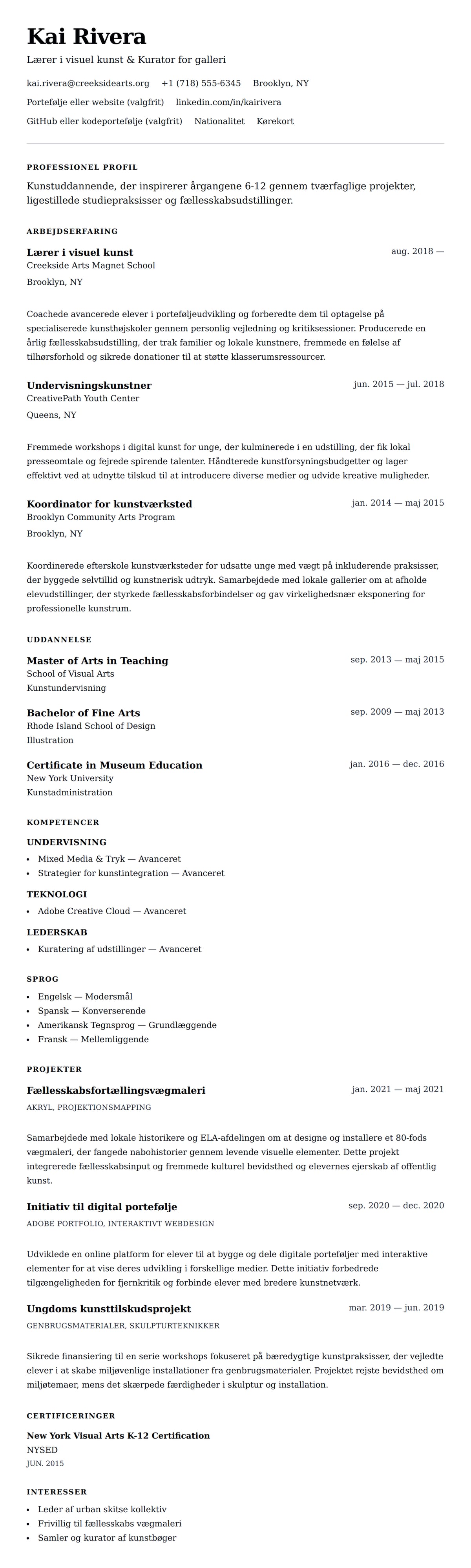 CV-forhåndsvisning for Eksempel på CV for kunstlærer