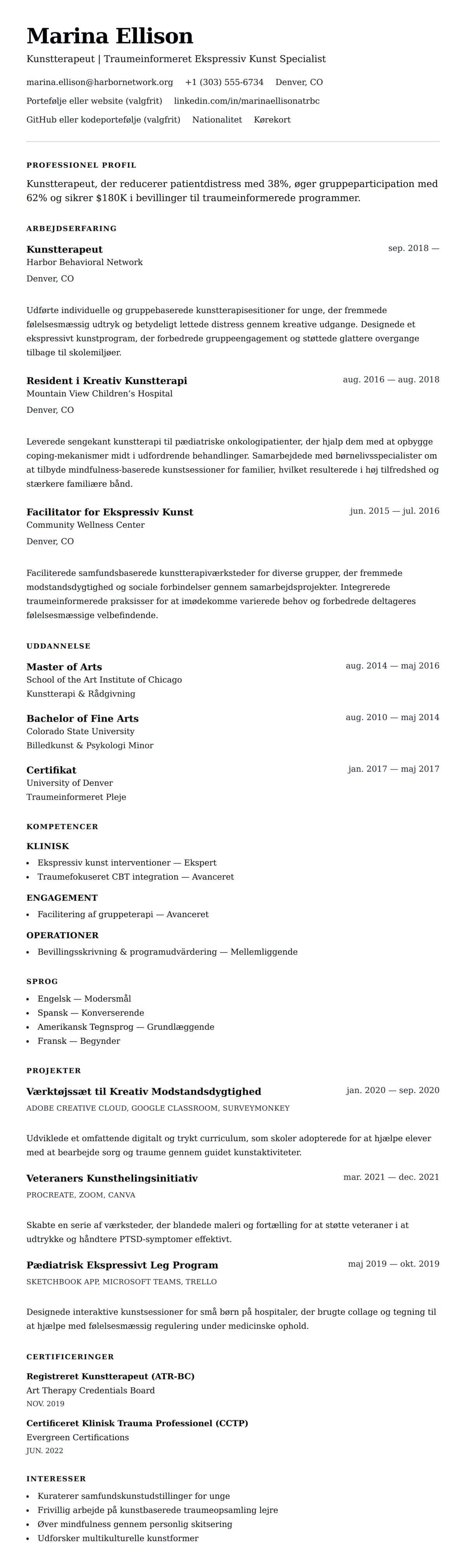 CV-forhåndsvisning for Eksempel på CV for Kunstterapeut