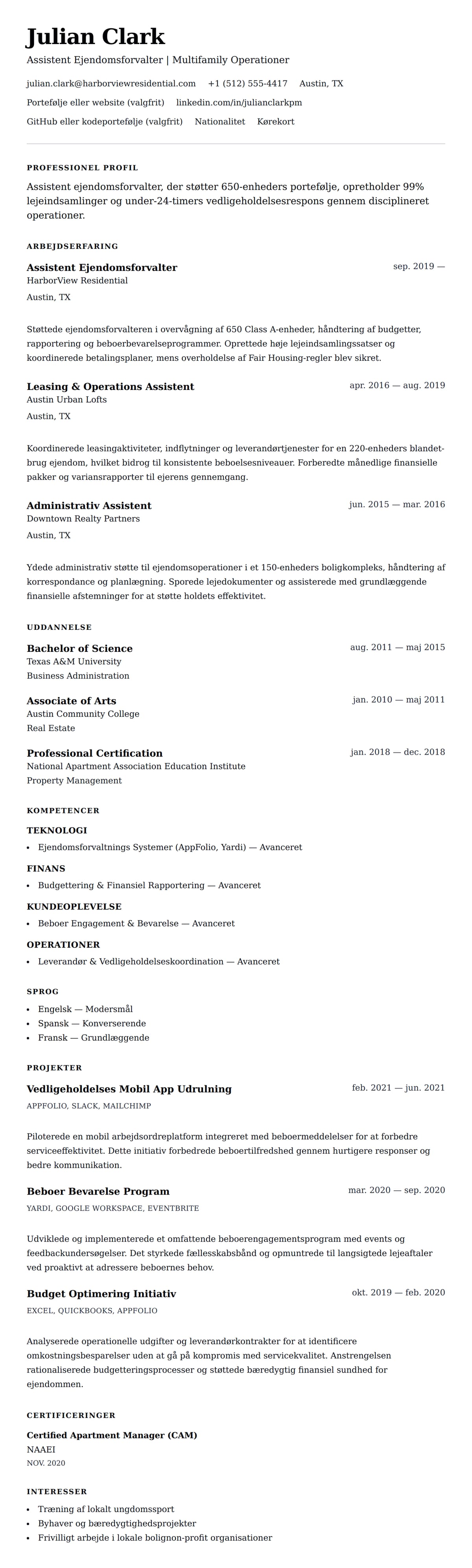 CV-forhåndsvisning for Assistent Ejendomsforvalter CV Eksempel