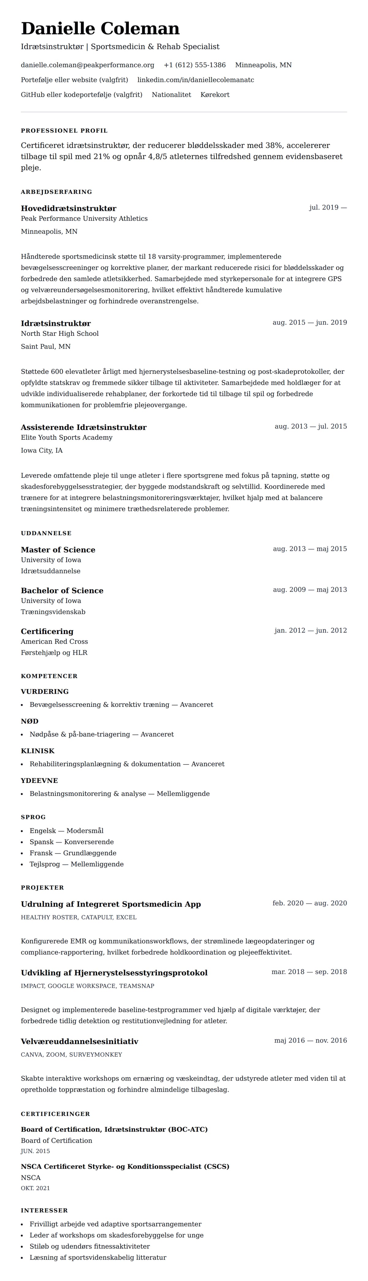 CV-forhåndsvisning for Idrætsinstruktør CV Eksempel
