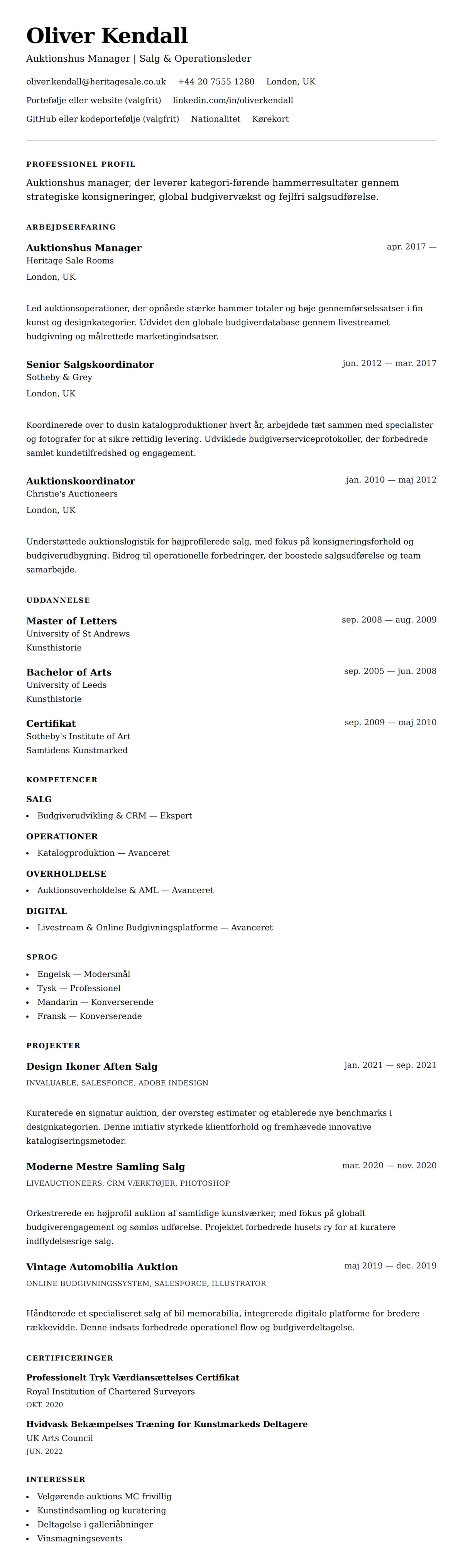 CV-forhåndsvisning for Auktionshus Manager CV Eksempel