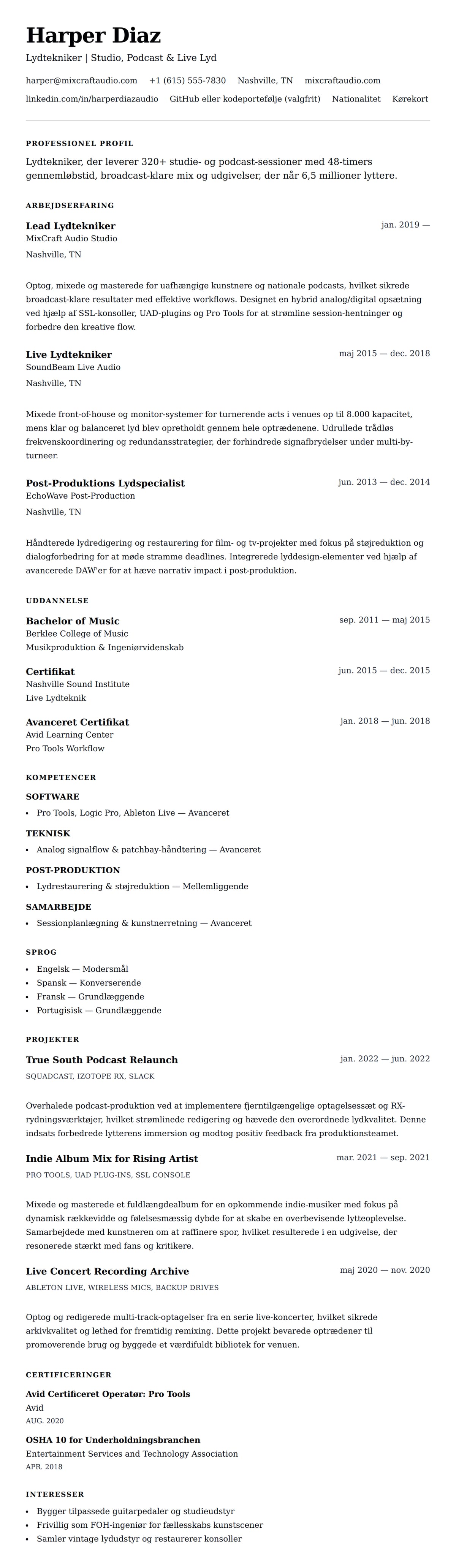 CV-forhåndsvisning for Eksempel på CV for Lydtekniker