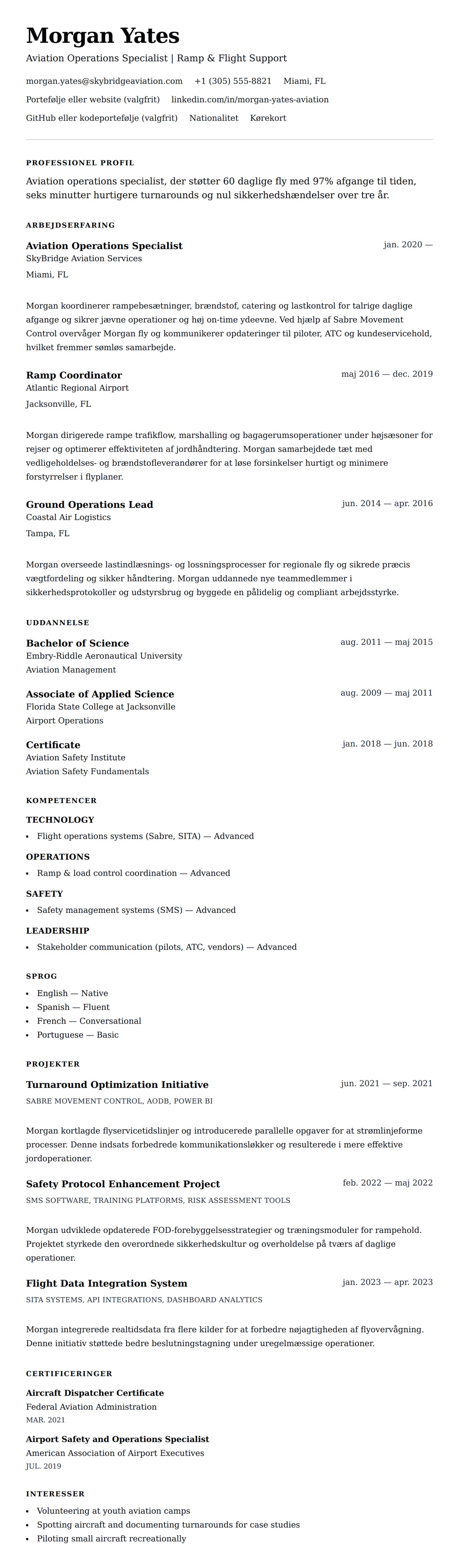 CV-forhåndsvisning for Eksempel på CV for Aviation Operations Specialist