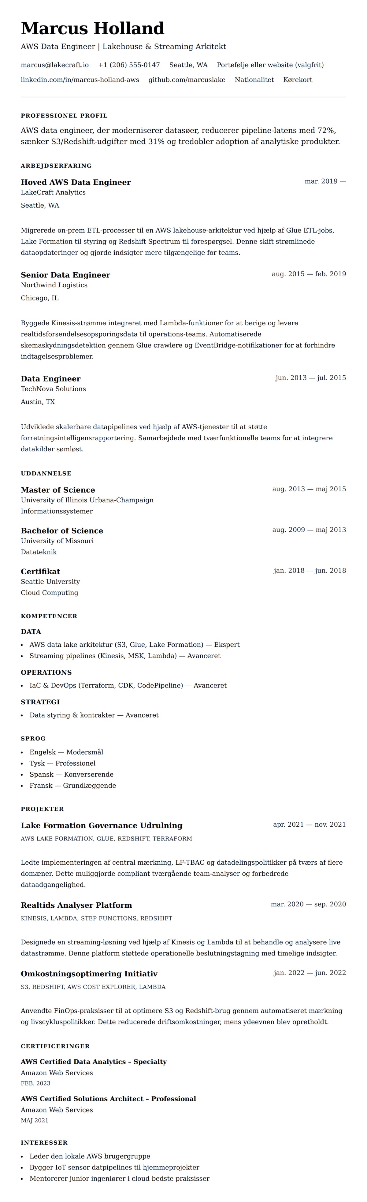 CV-forhåndsvisning for AWS Data Engineer CV Eksempel