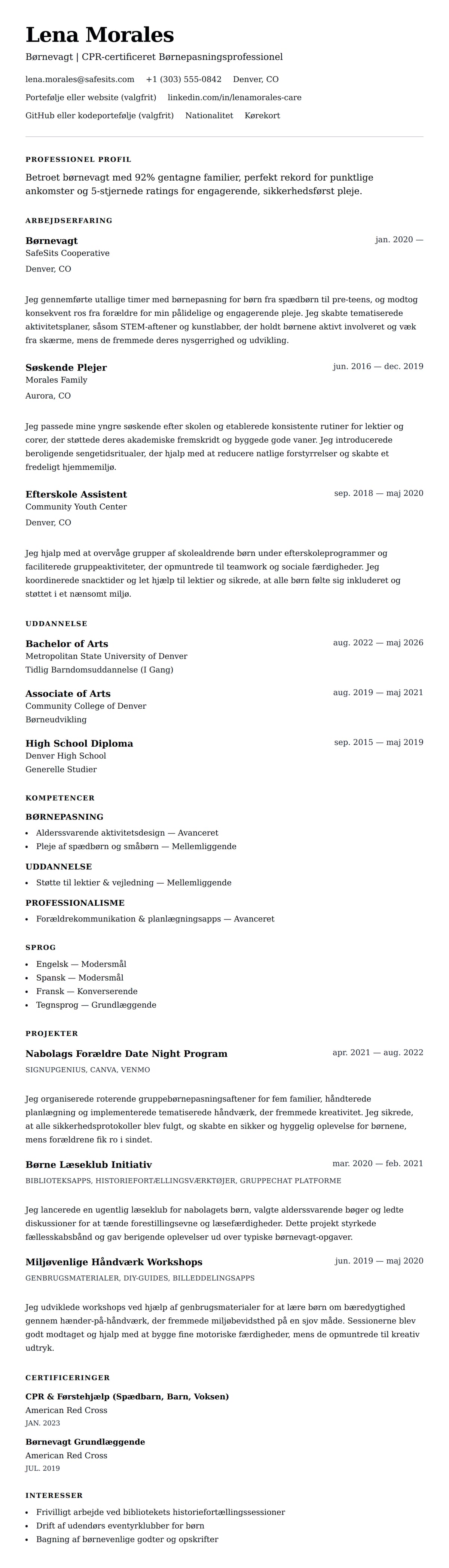 CV-forhåndsvisning for Børnevagt CV Eksempel