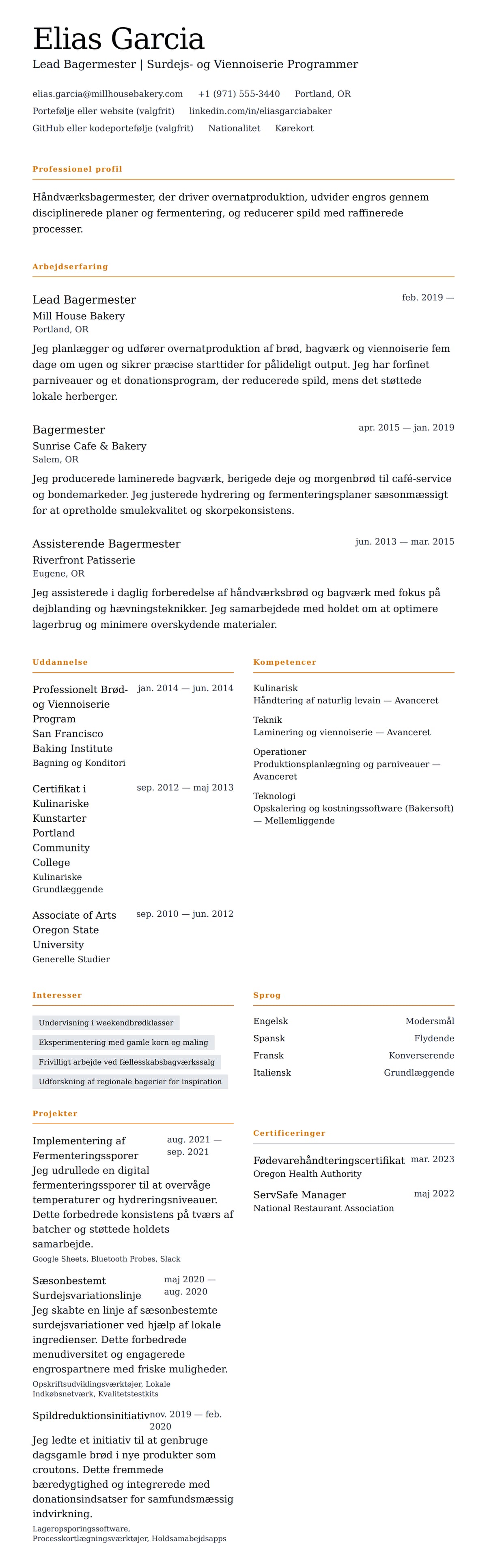 CV-forhåndsvisning for Bagermester CV Eksempel