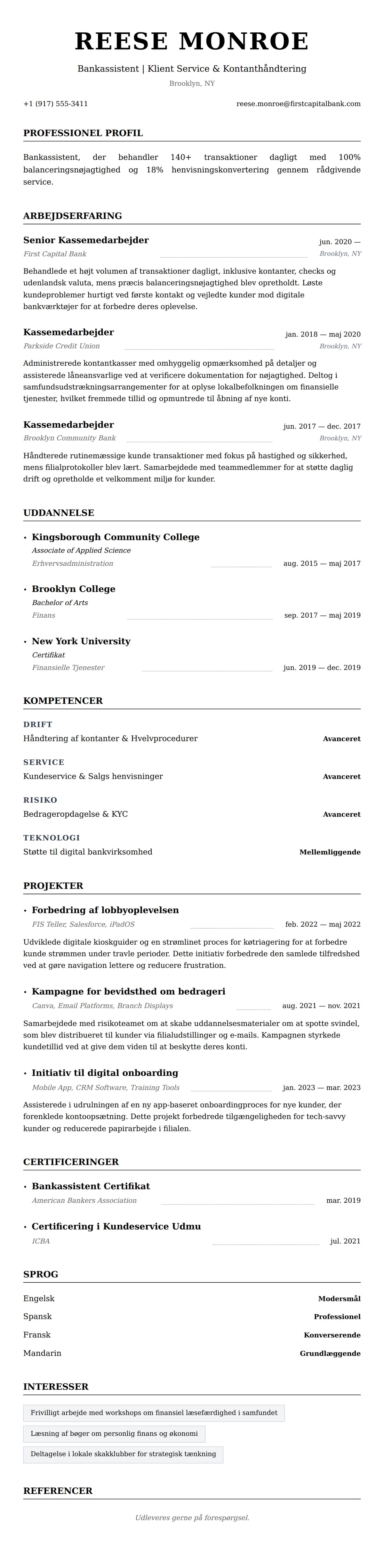 CV-forhåndsvisning for Eksempel på CV for Bankassistent