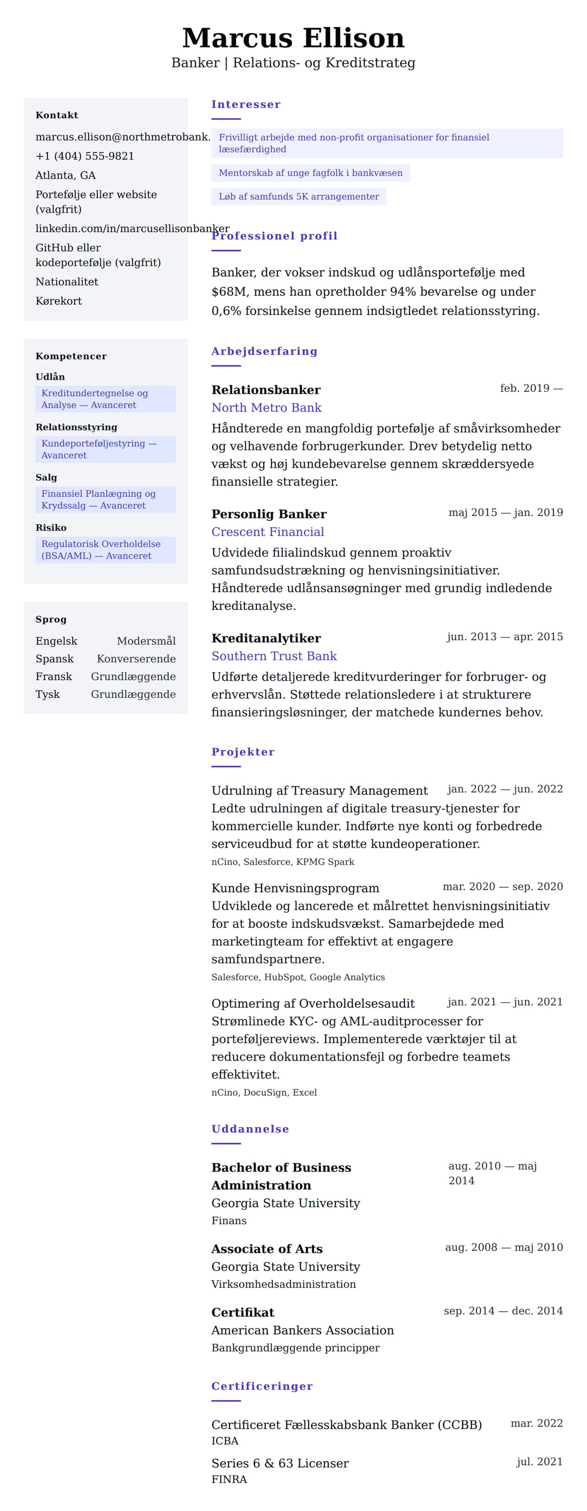 CV-forhåndsvisning for Banker CV Eksempel