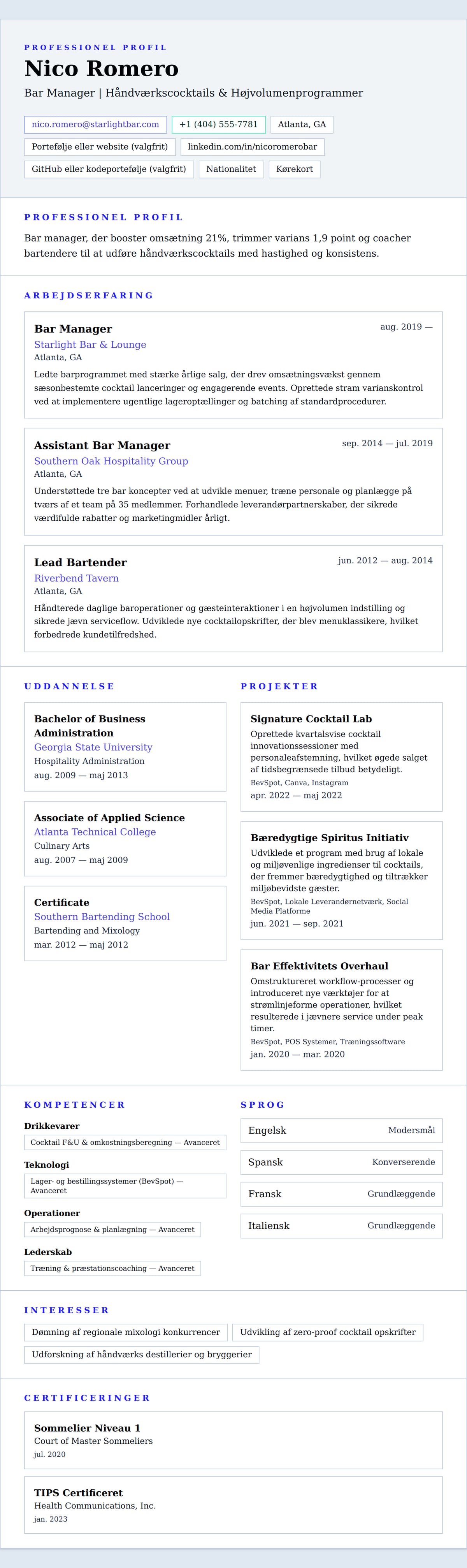 CV-forhåndsvisning for Bar Manager CV Eksempel