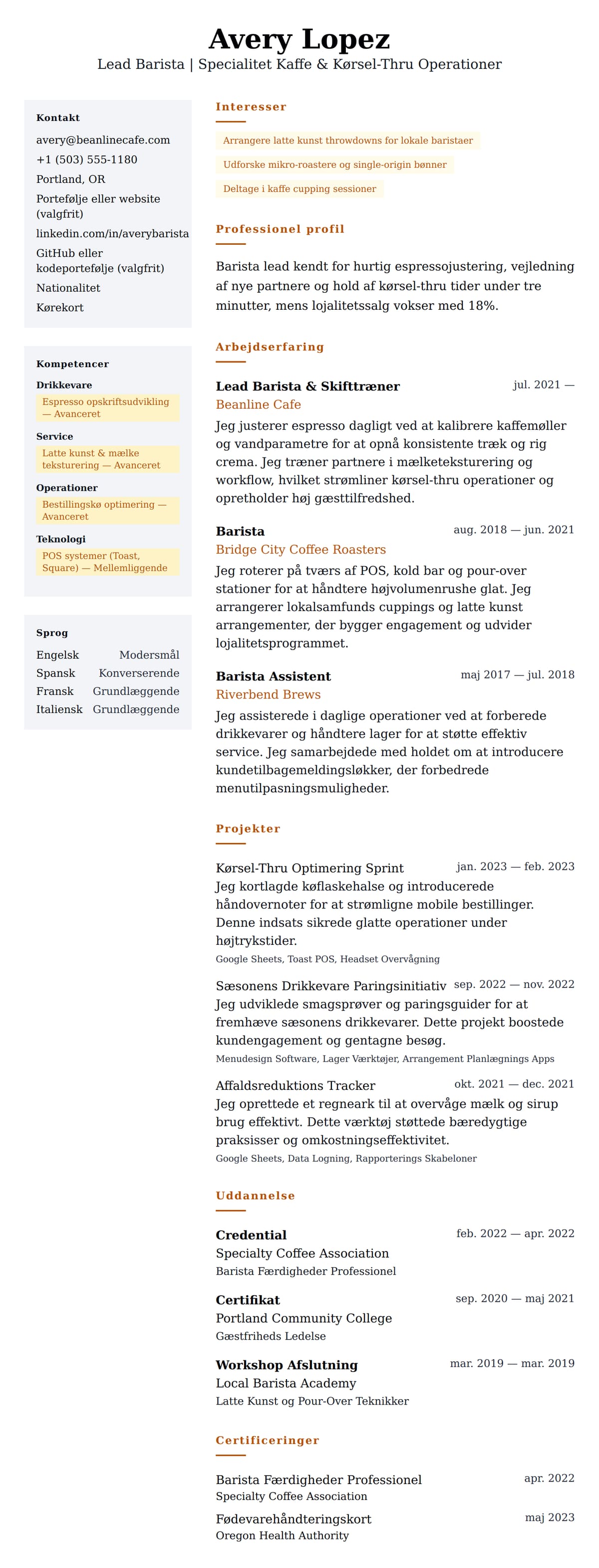 CV-forhåndsvisning for Barista CV Eksempel