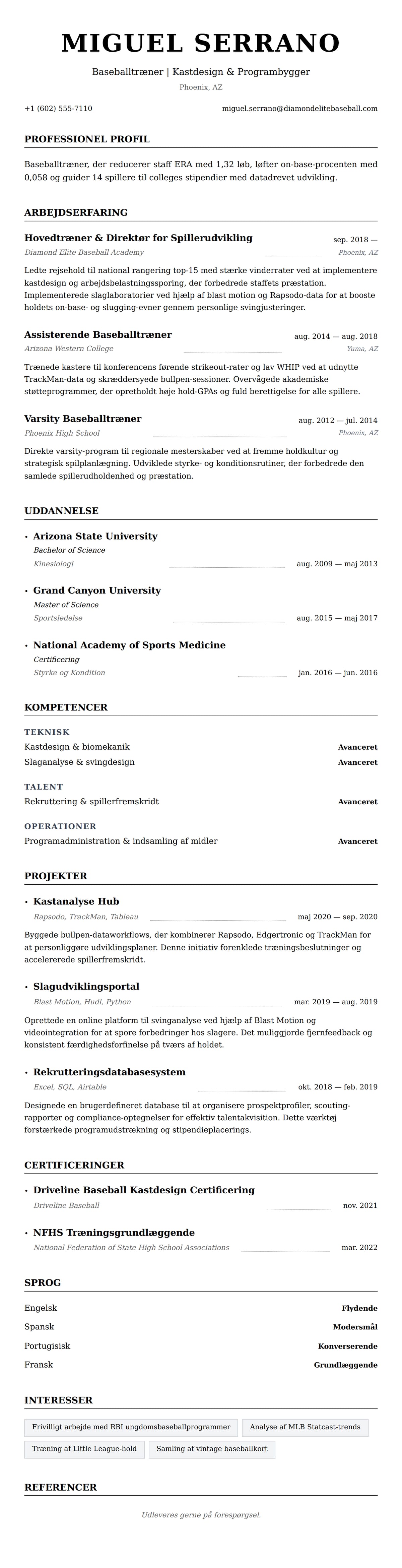 CV-forhåndsvisning for Eksempel på CV for Baseballtræner