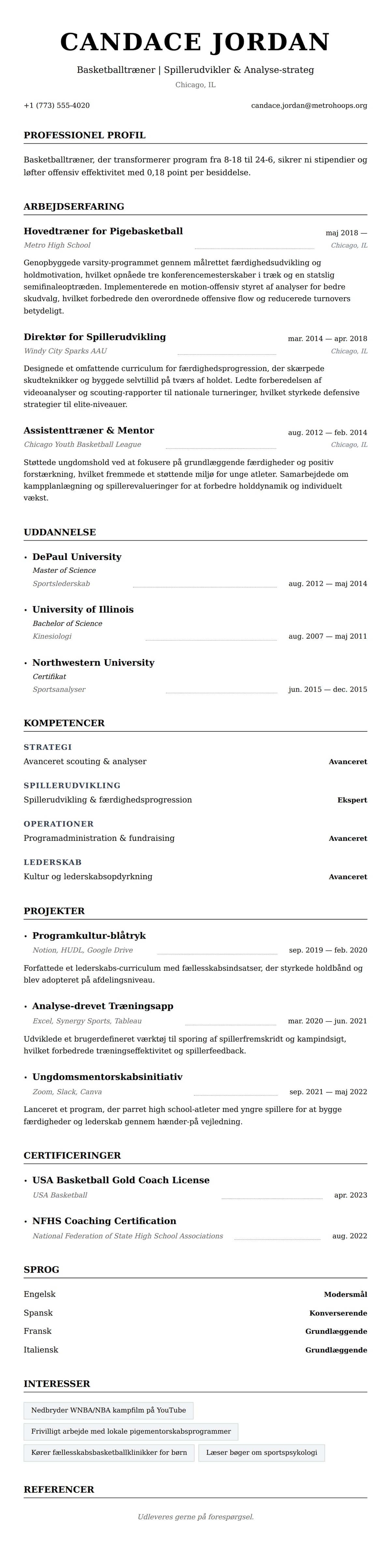 CV-forhåndsvisning for Eksempel på CV for Basketballtræner