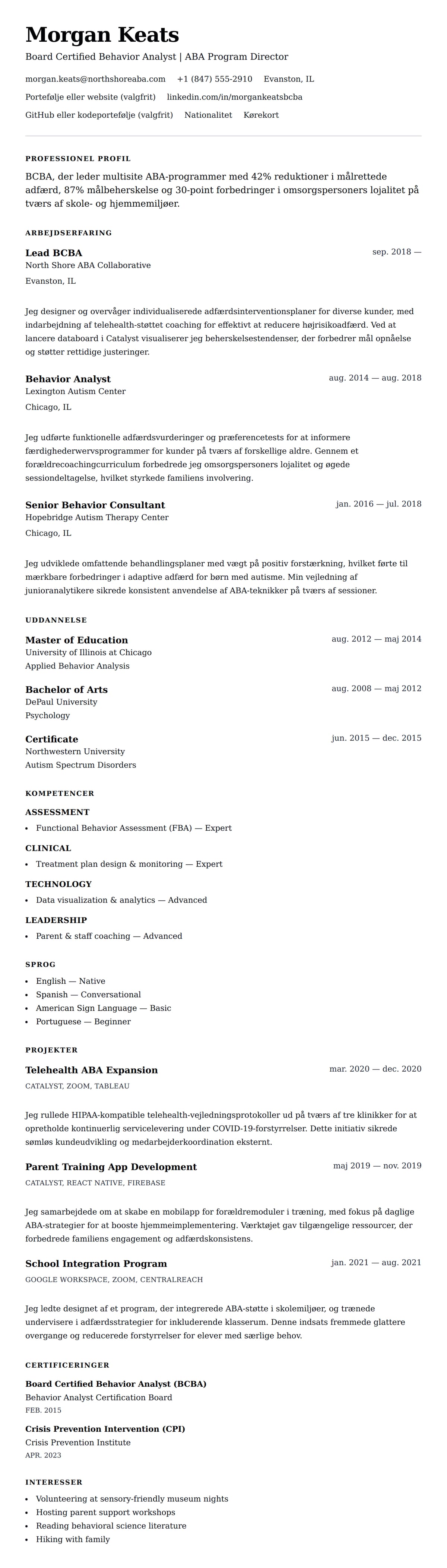 CV-forhåndsvisning for Board Certified Behavior Analyst (BCBA) CV Eksempel