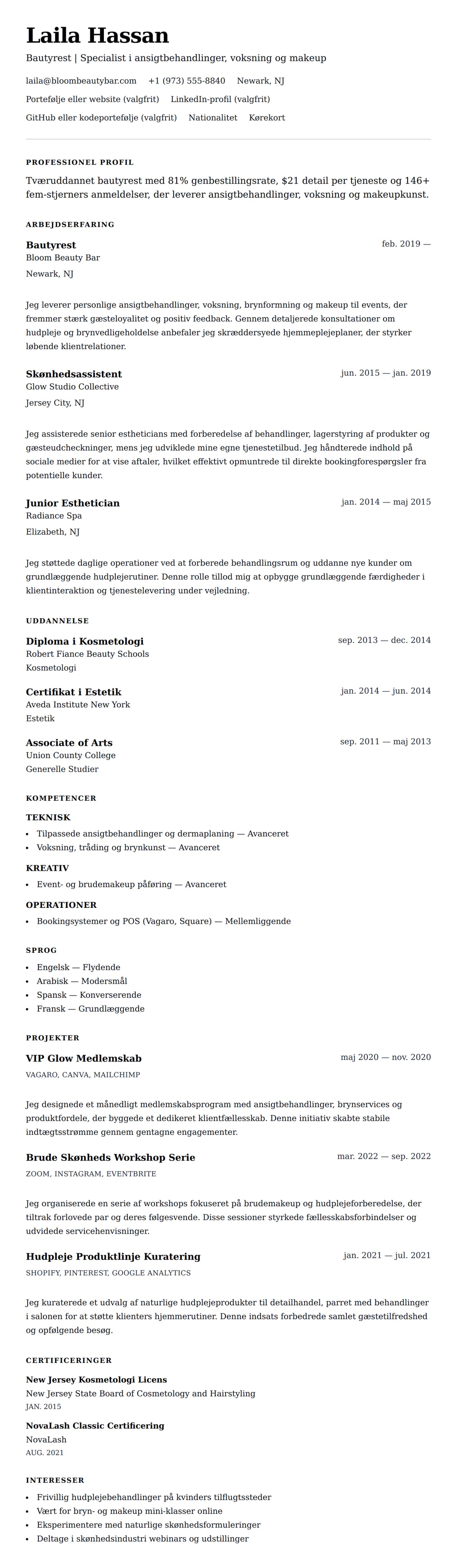 CV-forhåndsvisning for Eksempel på CV for Bautyrest