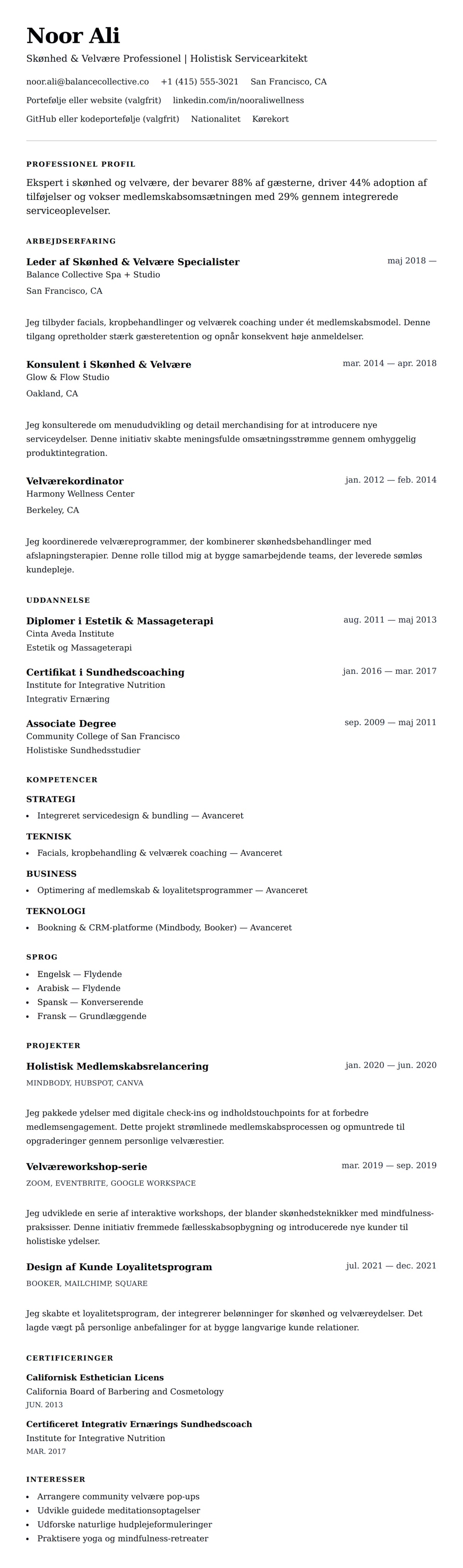 CV-forhåndsvisning for Eksempel på CV for Skønhed og Velvære Professionel