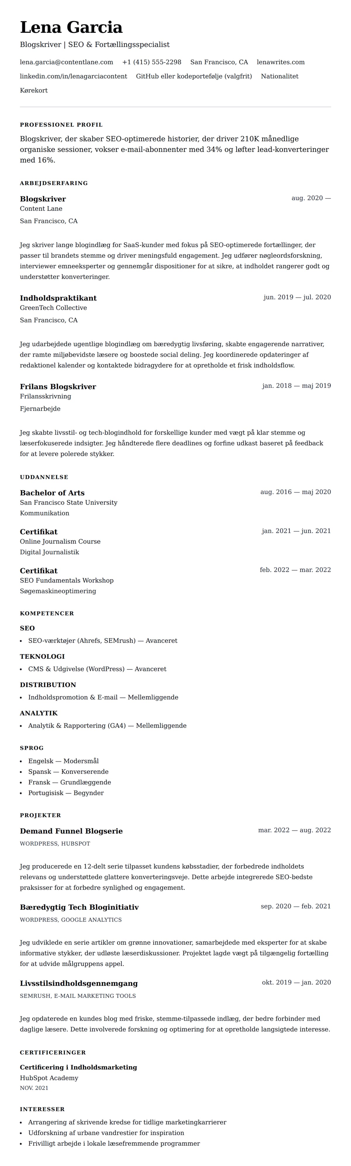 CV-forhåndsvisning for Eksempel på CV for Blogskriver