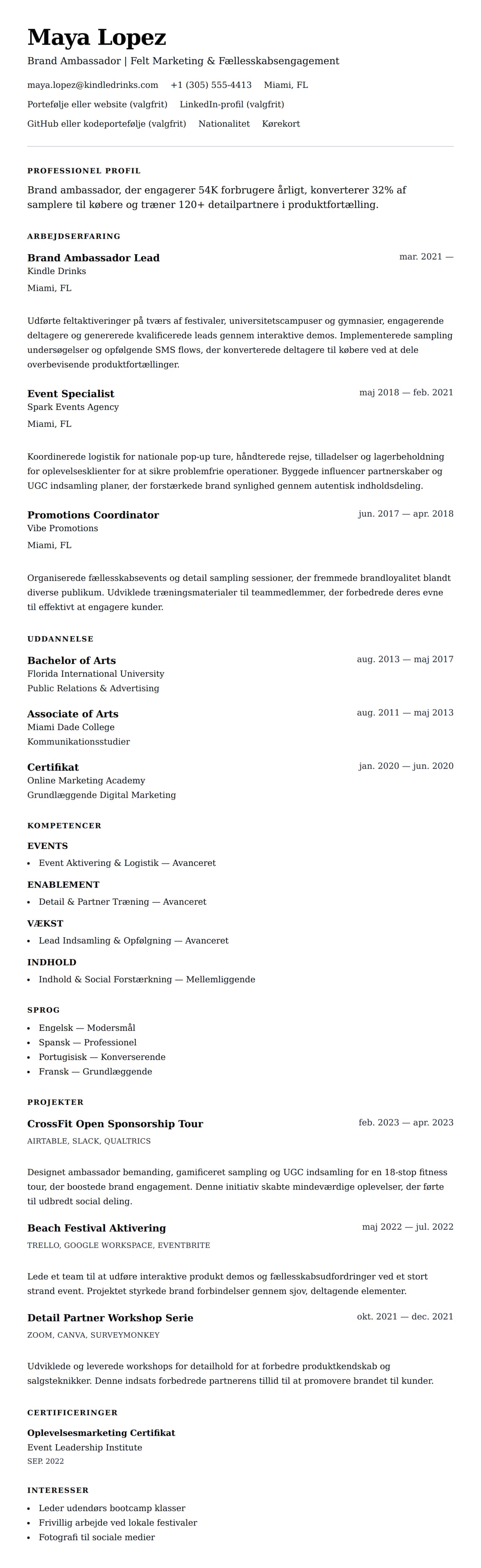 CV-forhåndsvisning for Brand Ambassador CV Eksempel