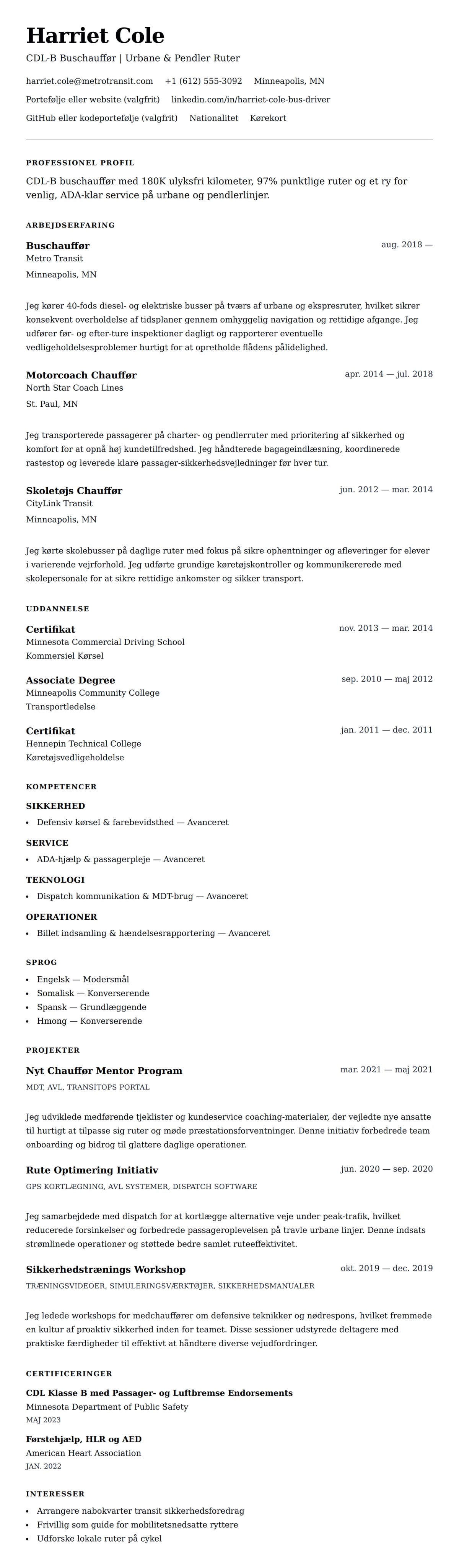 CV-forhåndsvisning for Buschauffør CV-eksempel