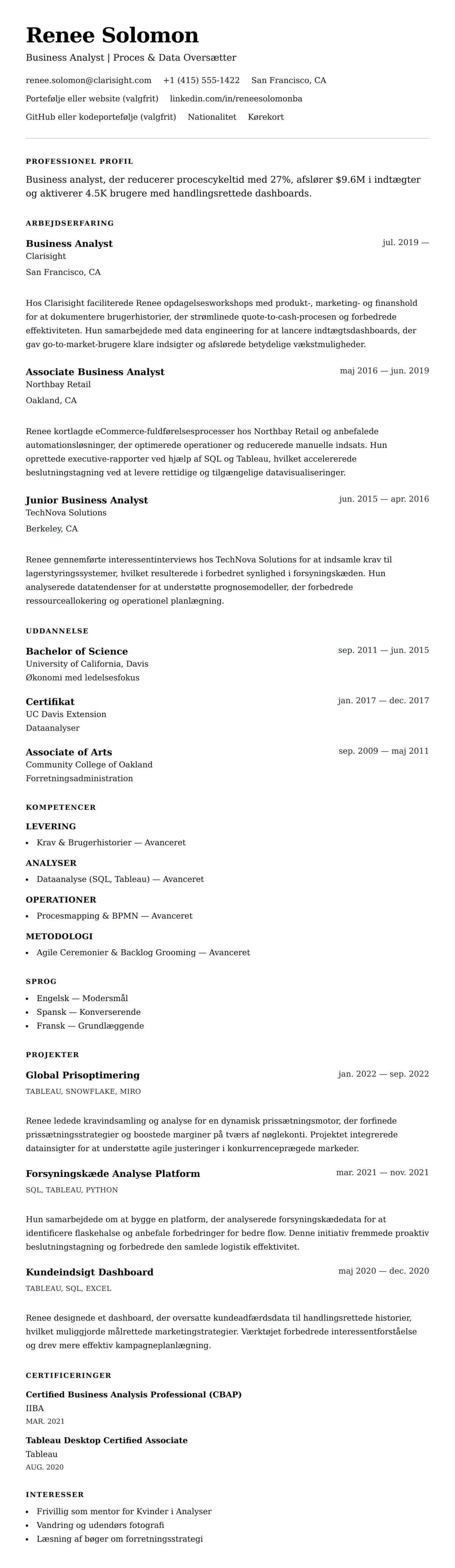 CV-forhåndsvisning for Business Analyst CV Eksempel