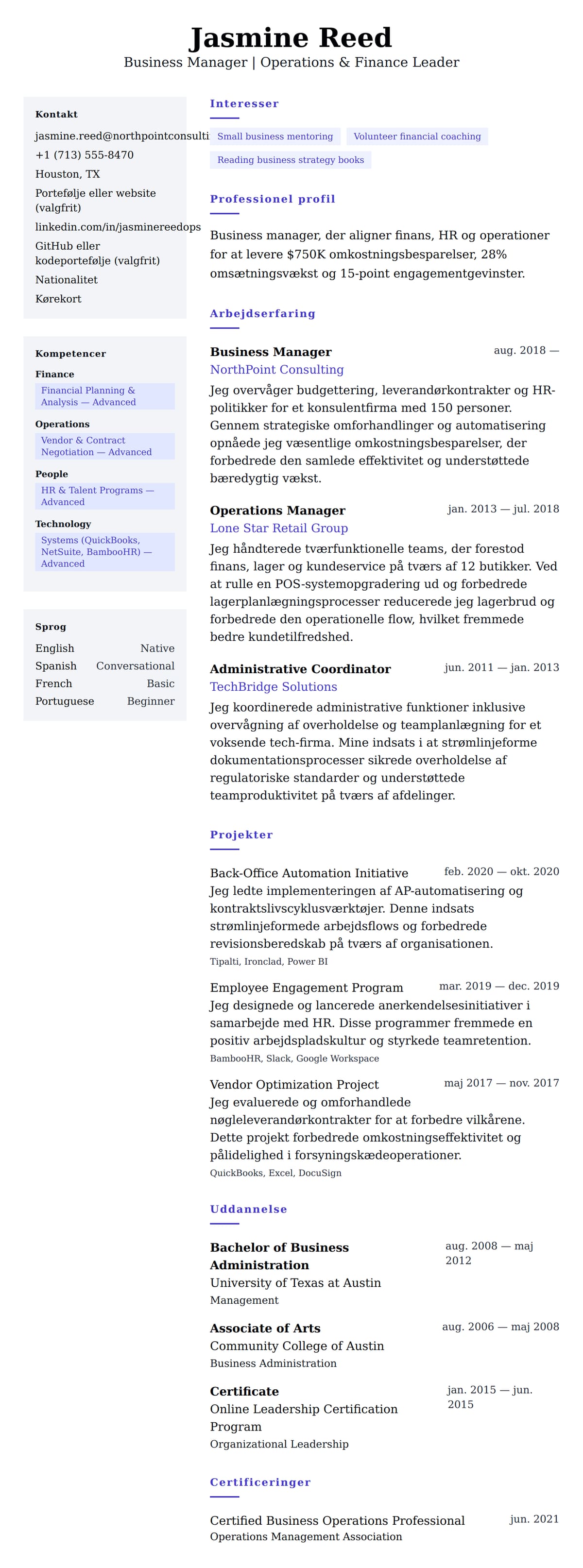 CV-forhåndsvisning for Business Manager CV Eksempel