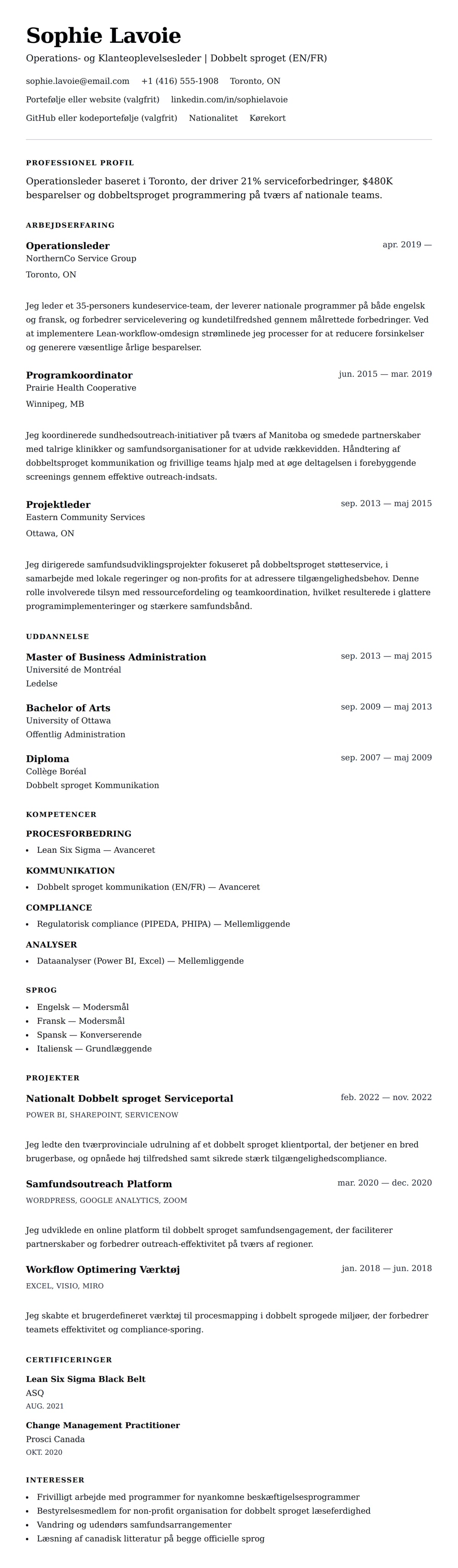 CV-forhåndsvisning for Canadisk CV-Format CV-Eksempel