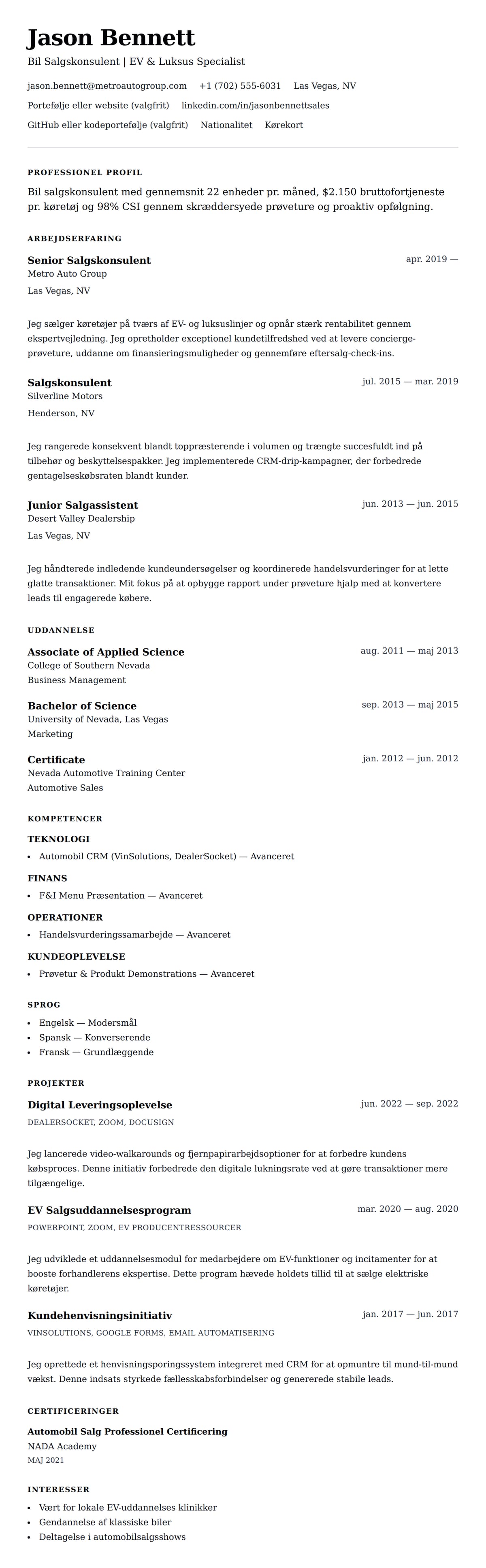 CV-forhåndsvisning for Bil Salgskonsulent CV Eksempel