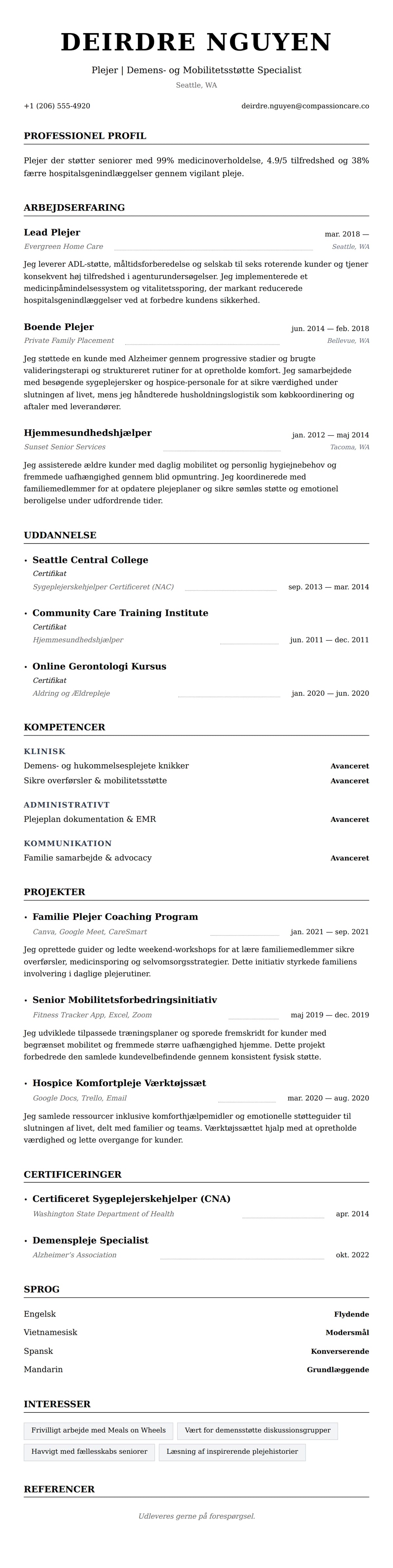CV-forhåndsvisning for Plejer CV Eksempel