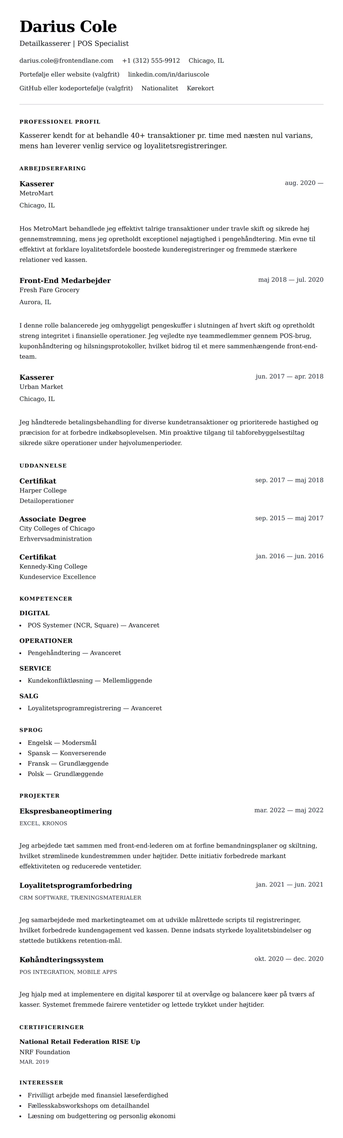 CV-forhåndsvisning for Kasserer CV Eksempel