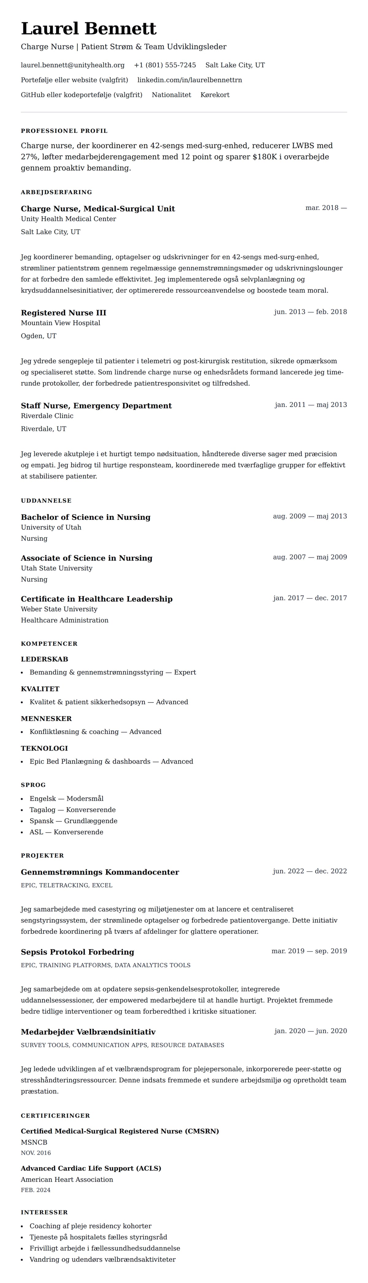 CV-forhåndsvisning for Charge Nurse CV Eksempel