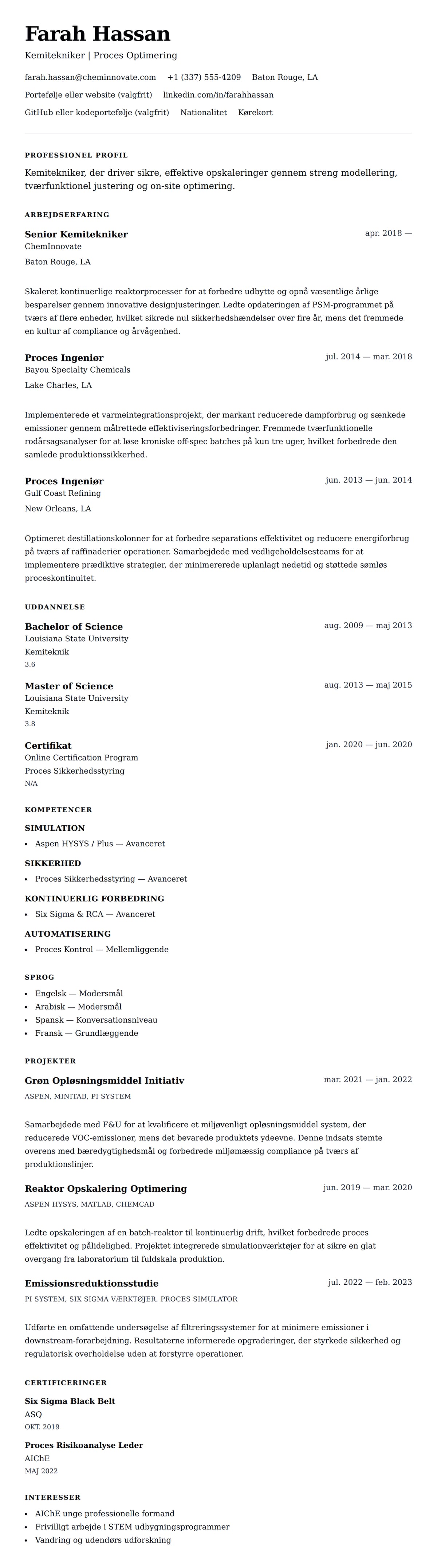 CV-forhåndsvisning for Kemitekniker CV Eksempel