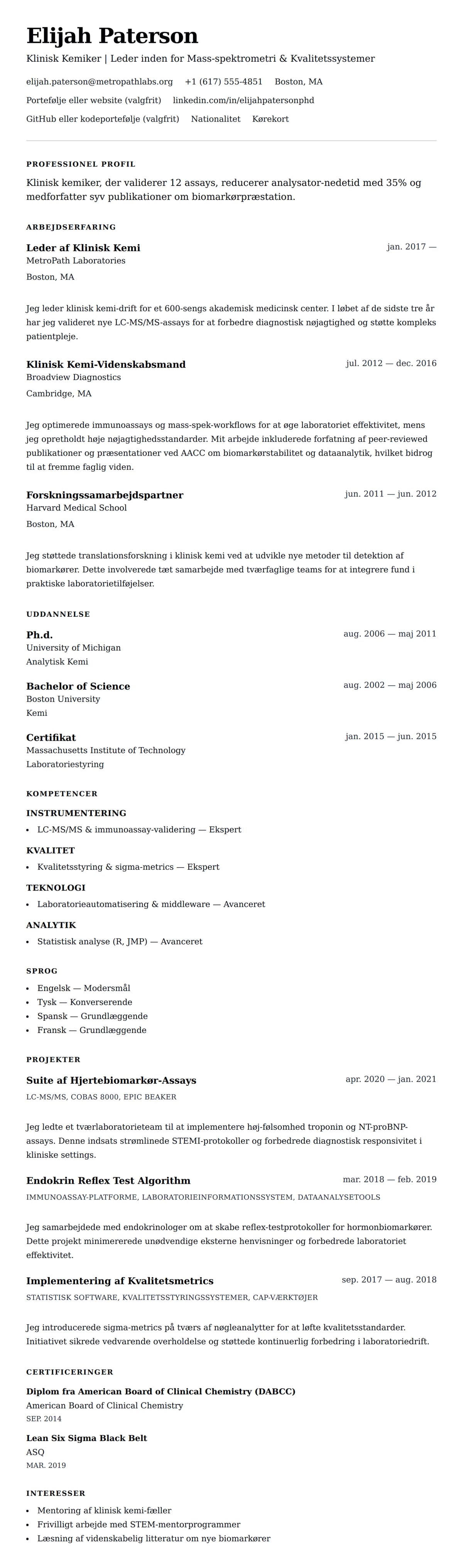 CV-forhåndsvisning for Eksempel på CV for Klinisk Kemiker
