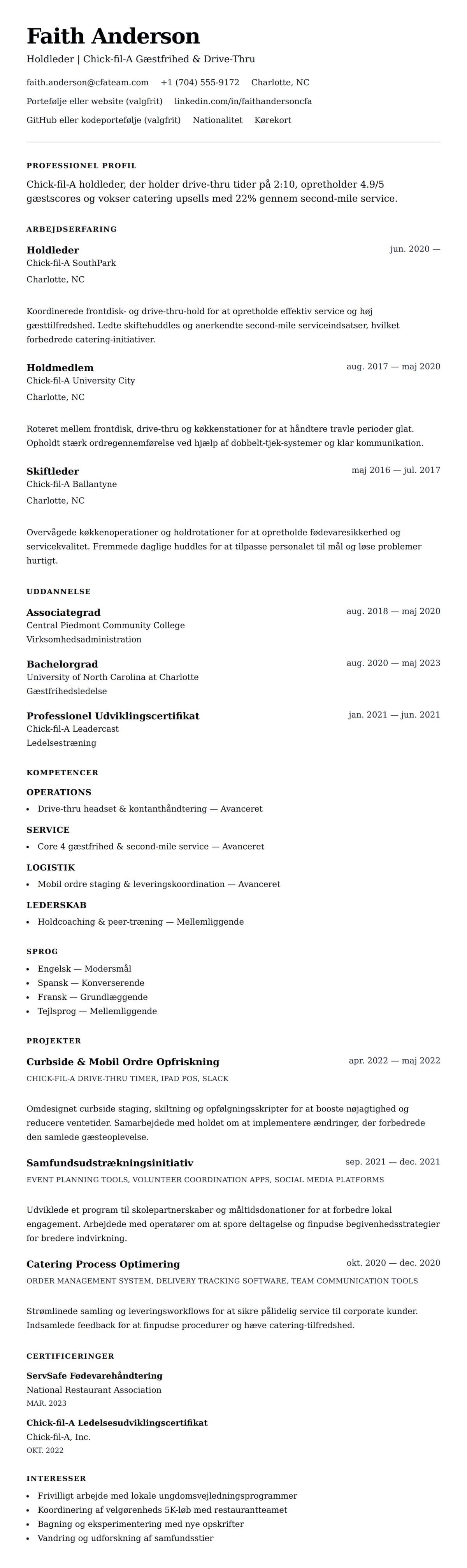 CV-forhåndsvisning for Chick-fil-A Holdmedlem CV Eksempel