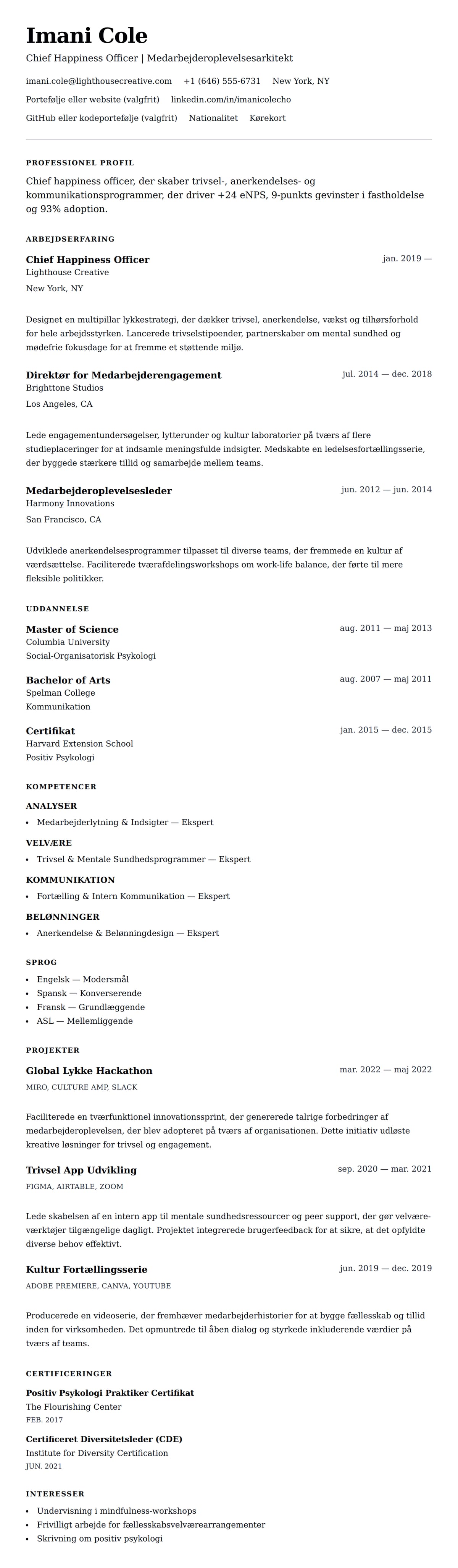 CV-forhåndsvisning for Chief Happiness Officer (CHO) CV-eksempel