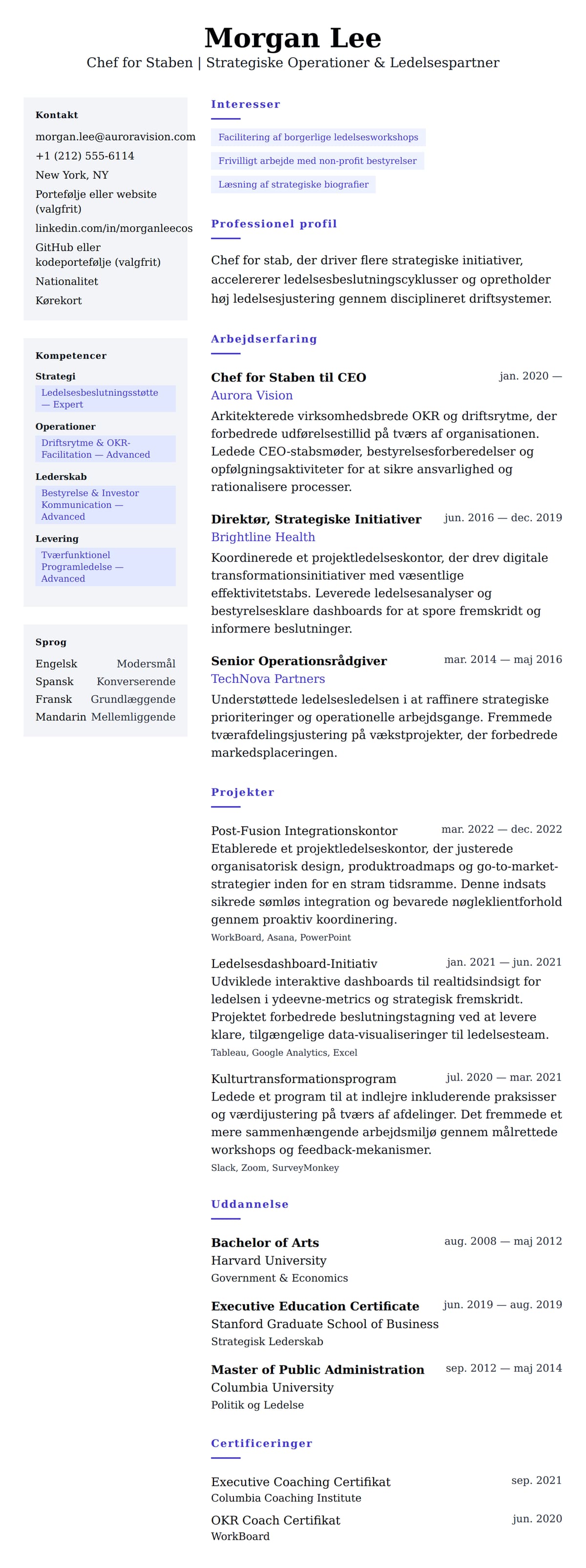 CV-forhåndsvisning for Eksempel på CV for Chef for Staben