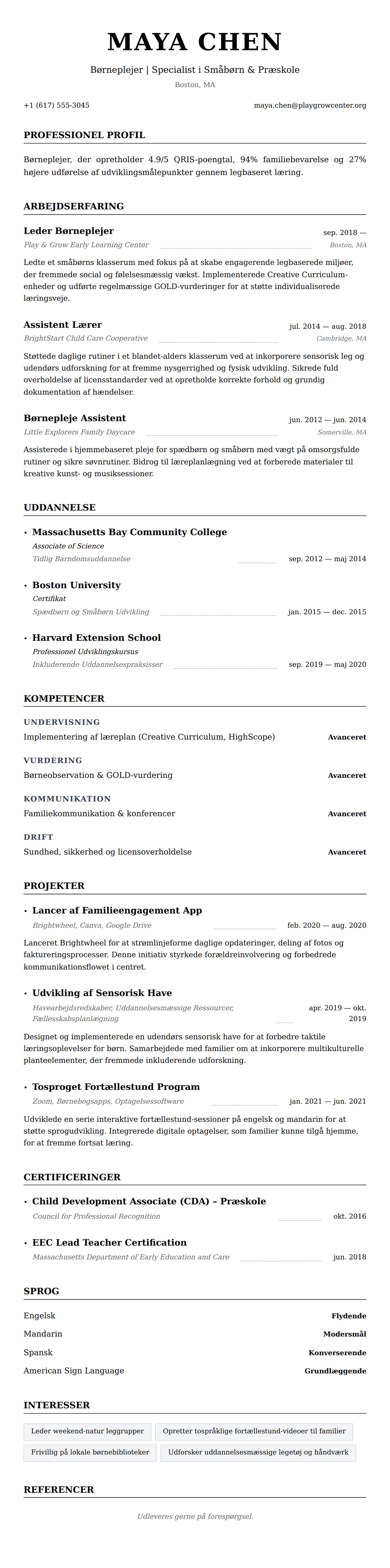 CV-forhåndsvisning for Børneplejer CV Eksempel