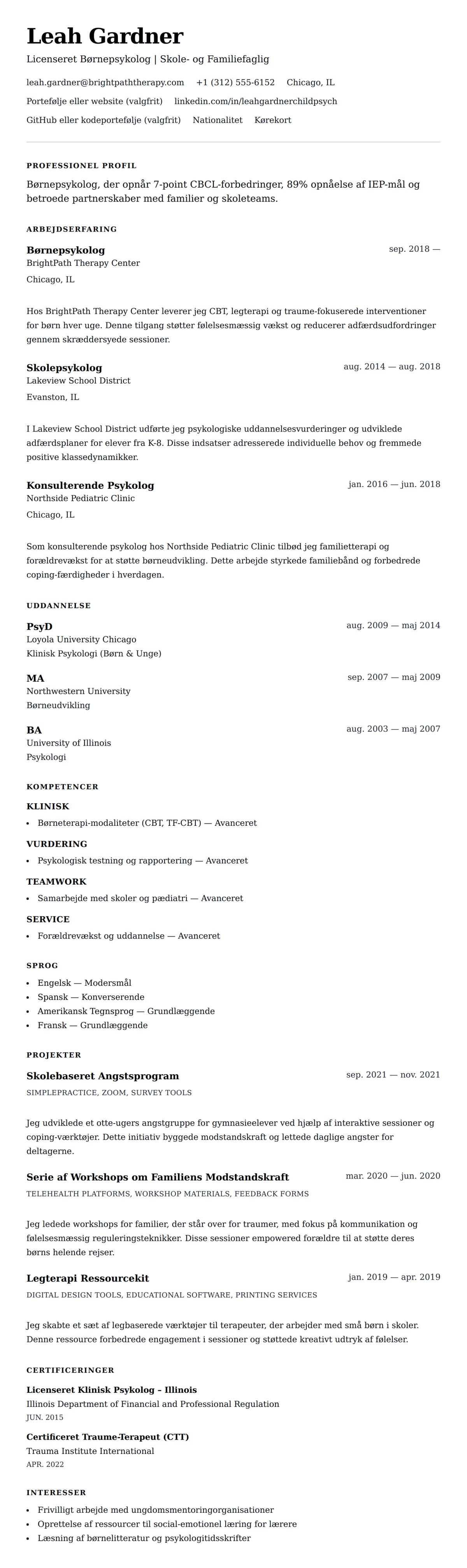 CV-forhåndsvisning for Eksempel på CV for Børnepsykolog