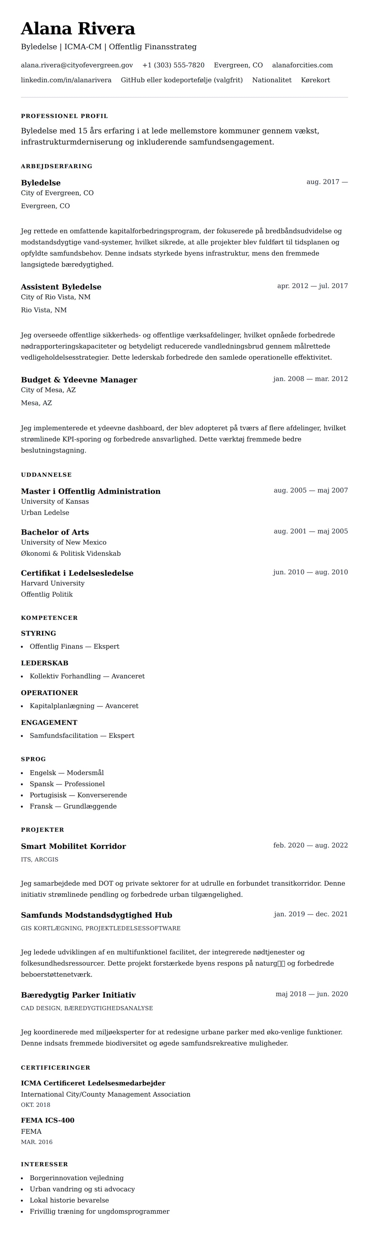 CV-forhåndsvisning for Byledelse CV Eksempel