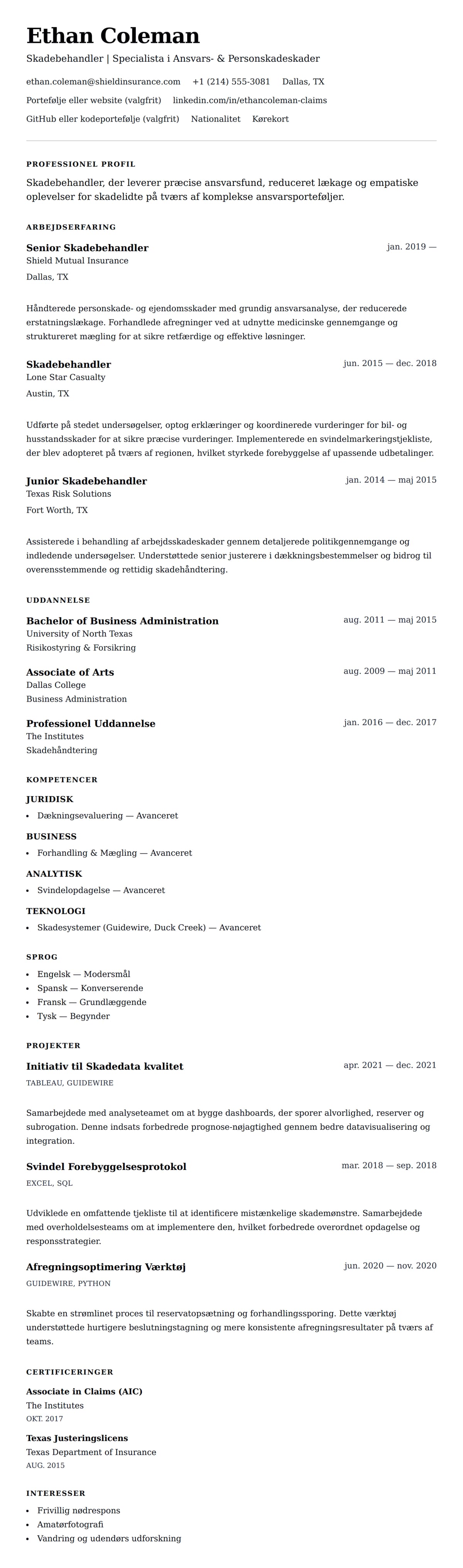 CV-forhåndsvisning for Eksempel på CV for Skadebehandler