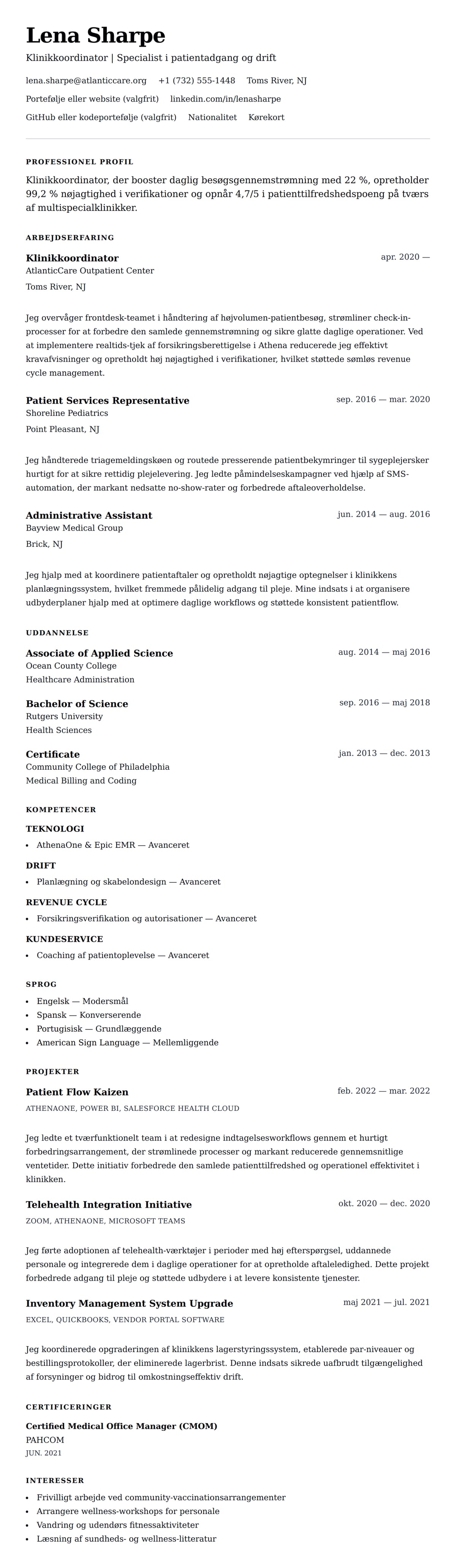 CV-forhåndsvisning for Eksempel på CV for Klinikkoordinator