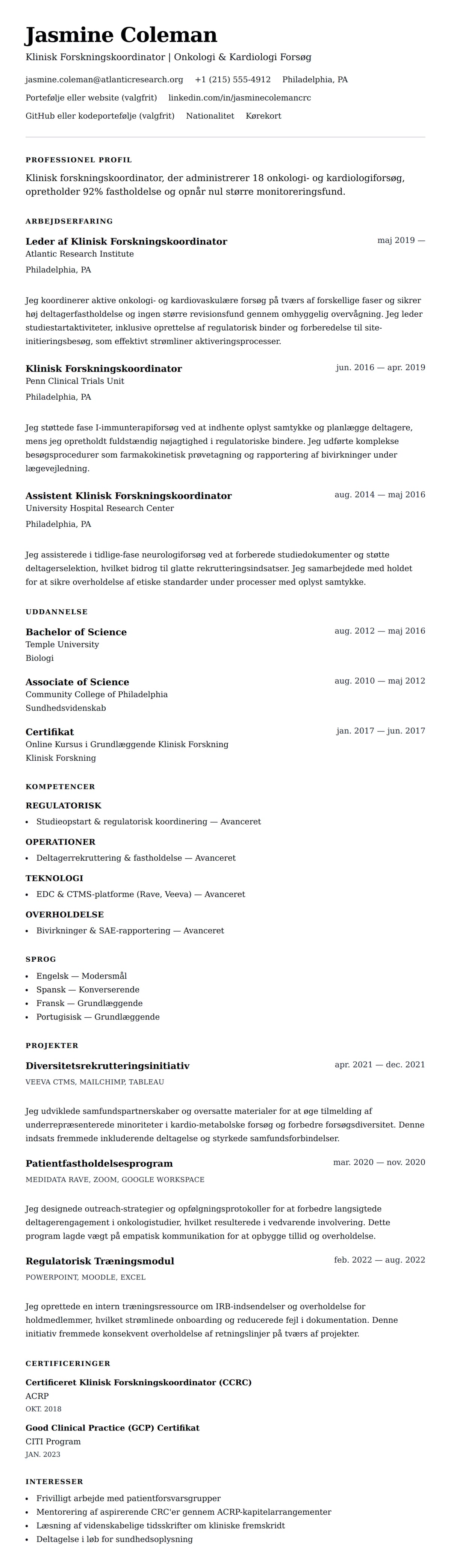 CV-forhåndsvisning for Eksempel på CV for Klinisk Forskningskoordinator