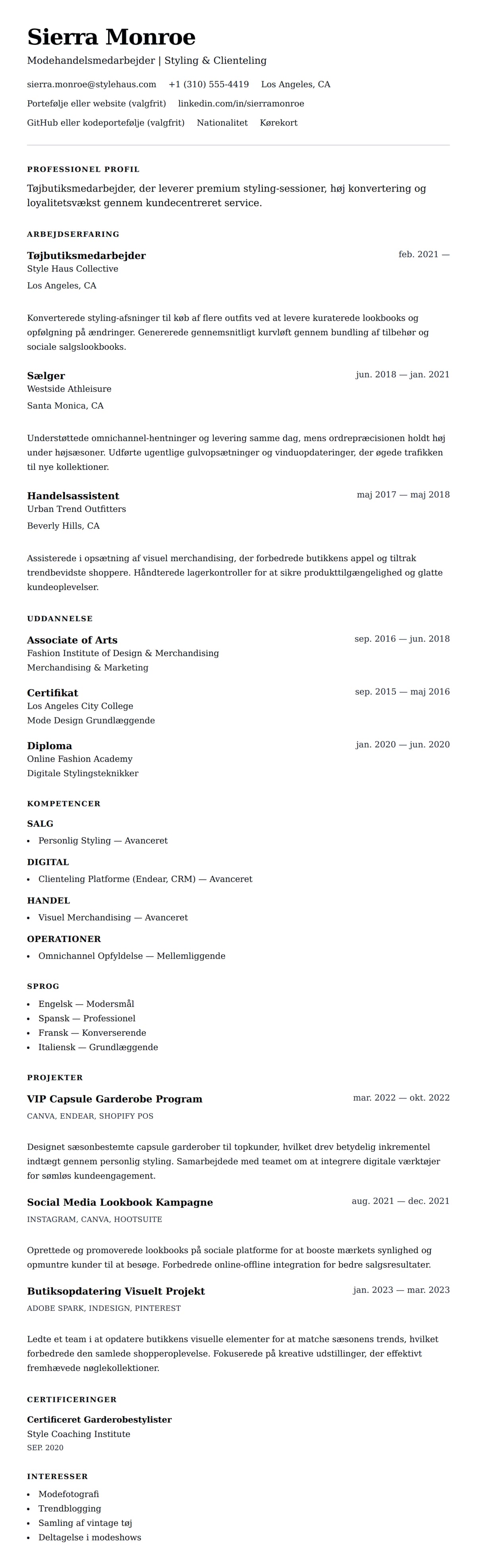 CV-forhåndsvisning for Tøjbutiksmedarbejder CV Eksempel